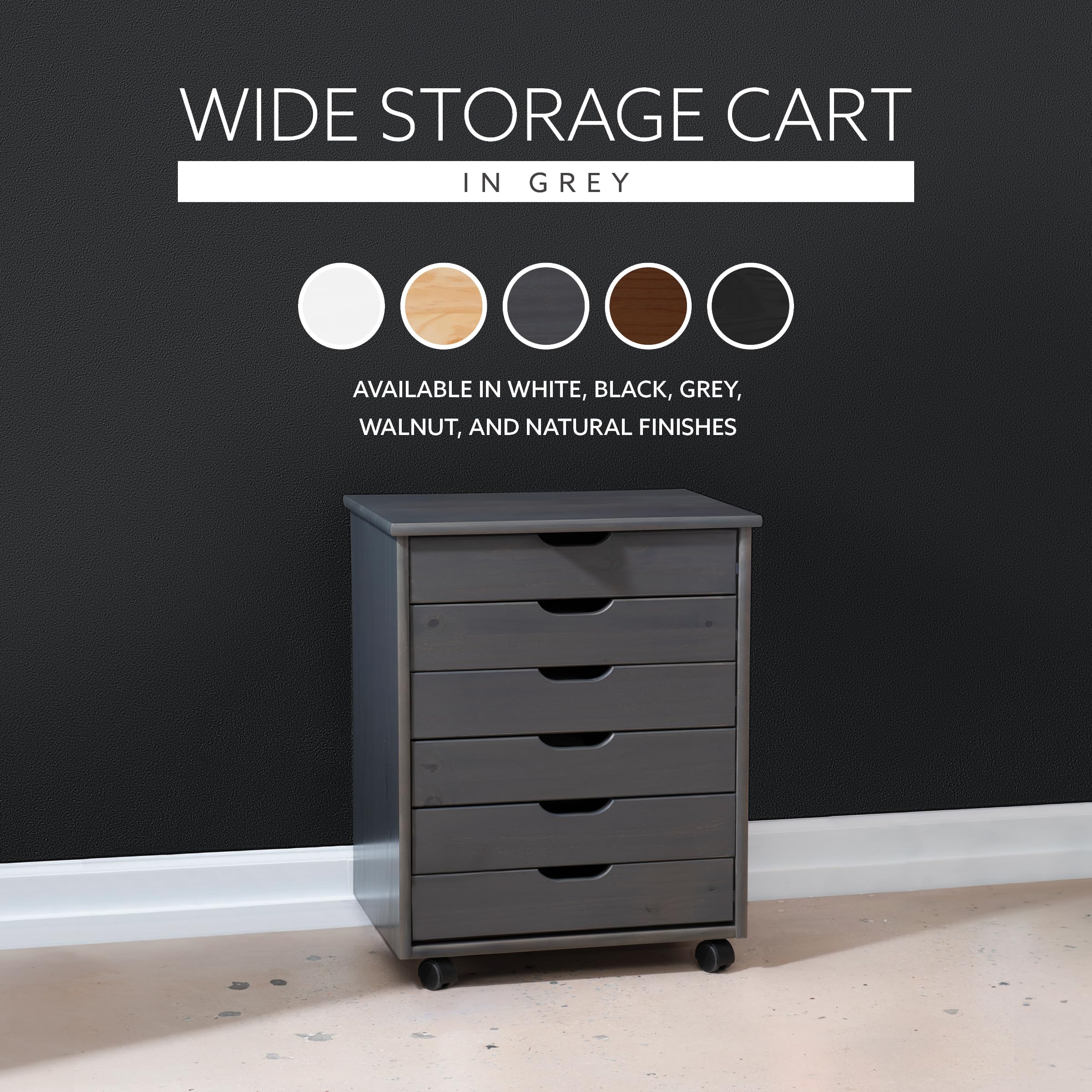 Linon Corinne 6-Drawer Wide Rolling Storage Cart with Wheels, Grey - Perfect for Bedroom, Bathroom, Office & Kitchen Organization