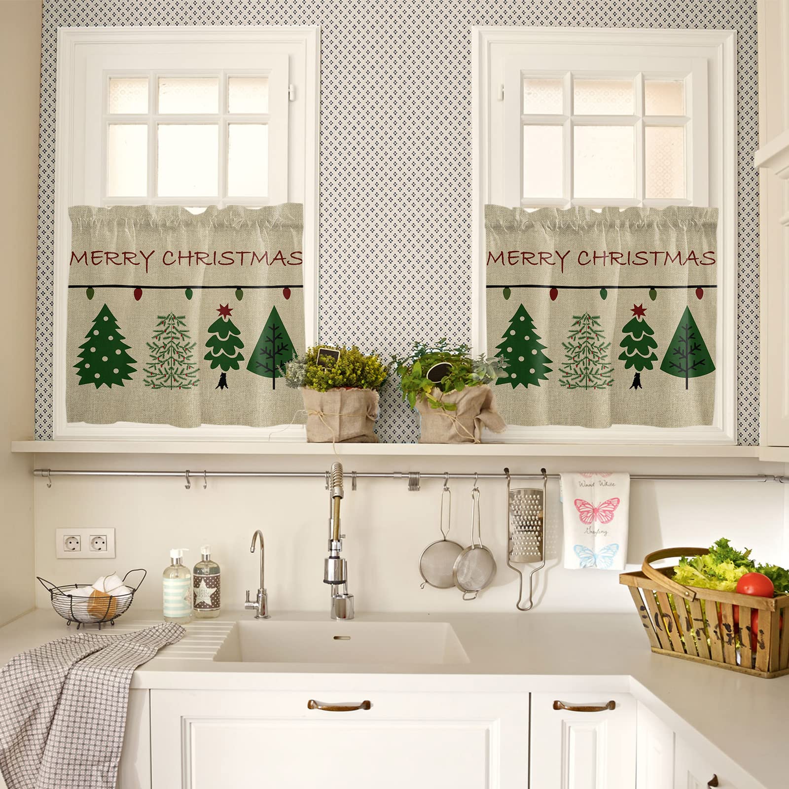 Christmas Tree Kitchen Curtains Set - 24 Inch Rustic Burlap Half Curtains with Rod Pocket & Valance for Window Treatment | Perfect for Cafe, Bathroom, Bedroom & Holiday Decor