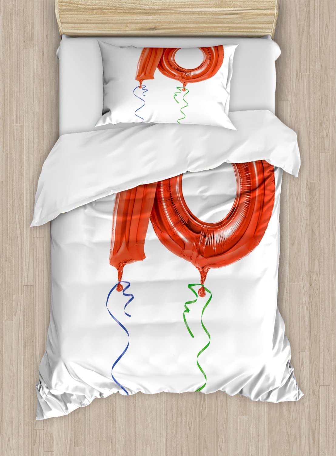 Ambesonne 70th Birthday Duvet Cover Set - King Size 2-Pack with 2 Duvet Covers & 4 Pillowcases - Vibrant Orange, Green & Blue Balloon Party Design - Perfect for Birthday Celebrations, Guest Rooms & Themed Bedroom Decor