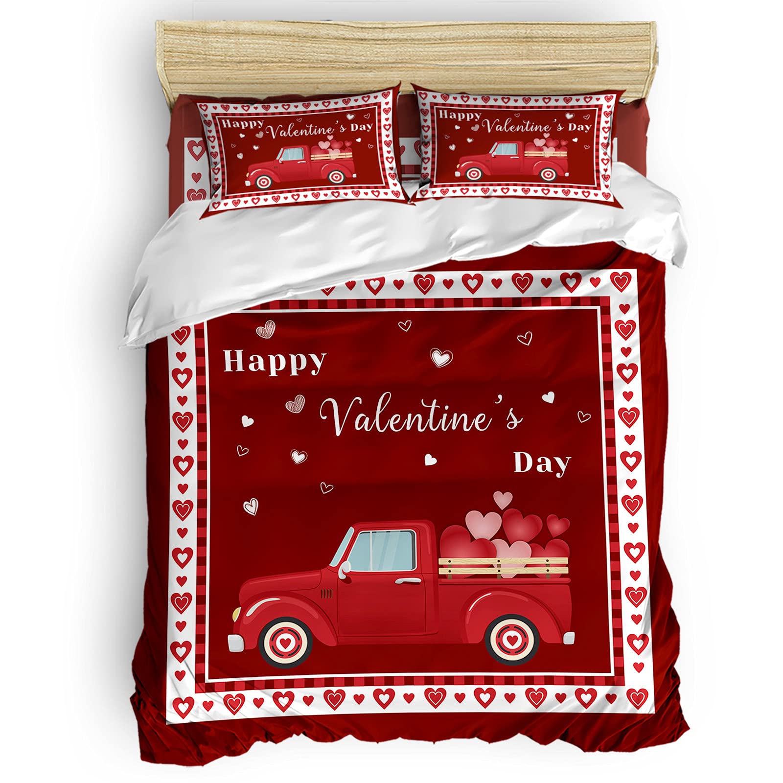 LBHAUSE 4-Piece Microfiber Bed Sheet Set - Soft Full Size Duvet Cover with Valentine's Day Heart Design, Red Comforter Set for Adults & Teens - Easy Care, Wrinkle Resistant - Perfect for Romantic Bedroom Decor & Couples Gift