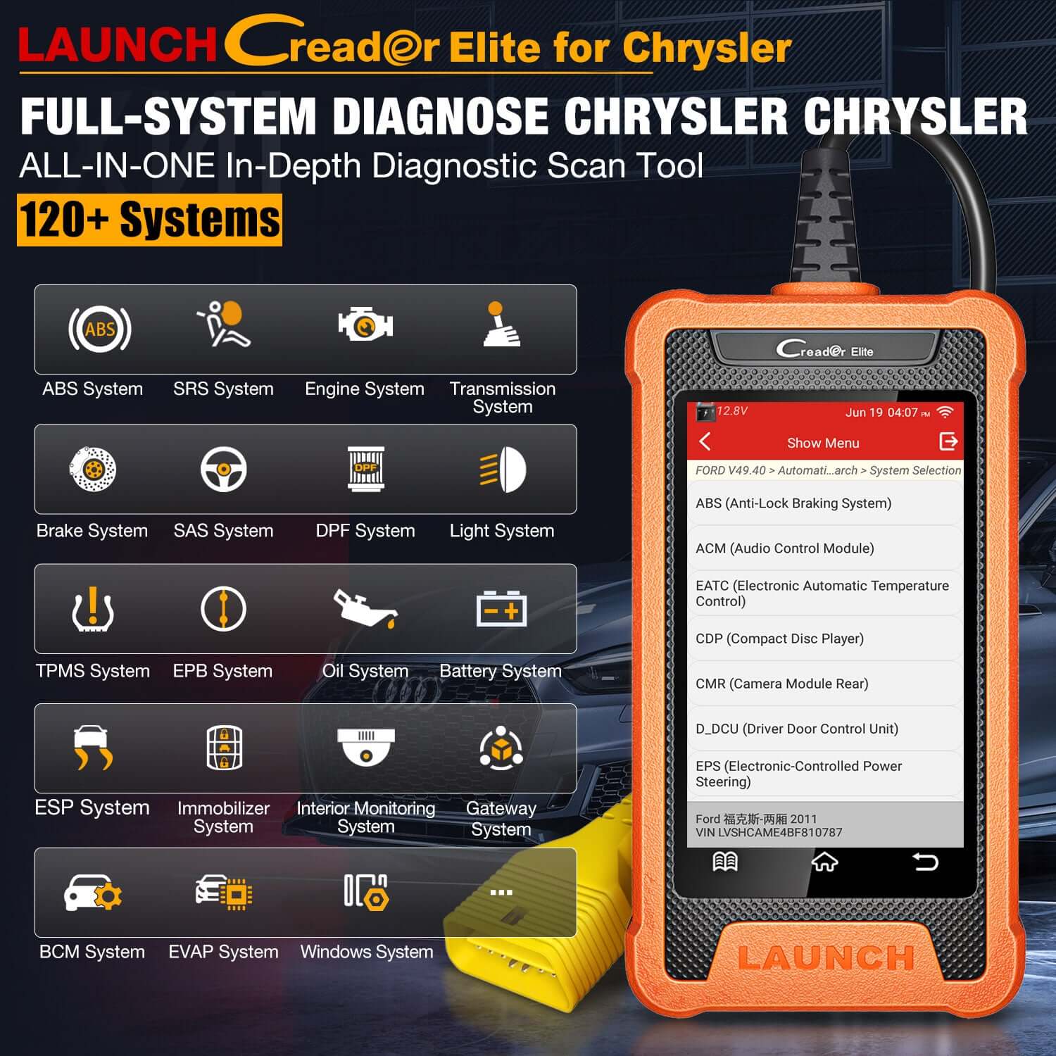 LAUNCH X431 Creader Elite OBD2 Scanner for Chrysler Dodge Jeep - Bidirectional Diagnostic Tool with ABS SRS DPF Scan & Oil Reset - Car Code Reader for Engine Light & Vehicle Maintenance (Works on Chrysler, Dodge, Jeep Models) - Perfect for Auto Repair Shops & DIY Car Diagnostics