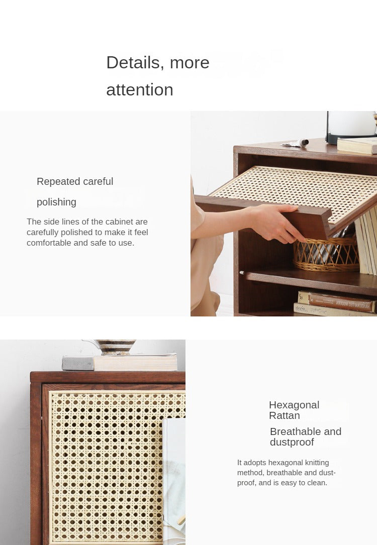 Solid Oak Wood Rattan Magazine Storage Cabinet - Stylish Organizer for Living Room, Bedroom, or Office Décor