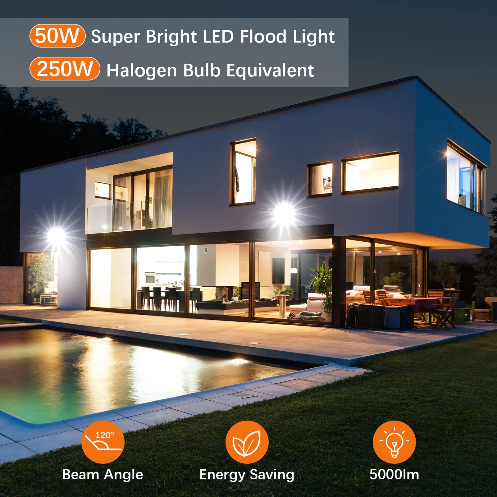 LEPOWER 50W LED Flood Light 5000LM - 250W Halogen Equivalent - 6000K Daylight White - IP66 Waterproof Outdoor Security Light - for Garage, Garden, Lawn, Basketball Court, Playground - 2 Pack - Perfect for Nighttime Safety and Landscape Lighting
