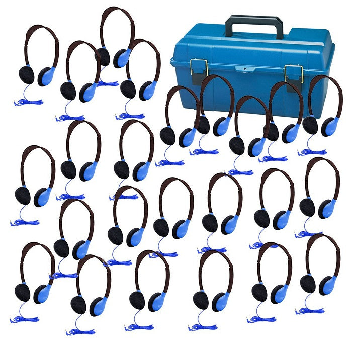 HamiltonBuhl 24 Pack SchoolMate Personal Sized Headphones with Carry Case (5 Colors) - Perfect for Classroom, Library, and Online Learning Use