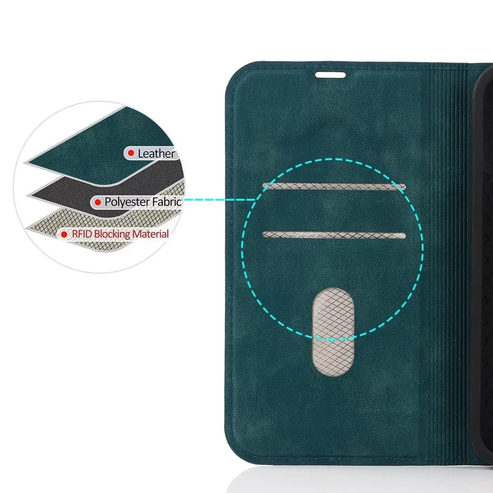 Premium Genuine Leather Wallet Case with MagSafe for iPhone 13/14/15 Pro Max - Slim RFID Blocking Card Holder for Daily Use & Travel