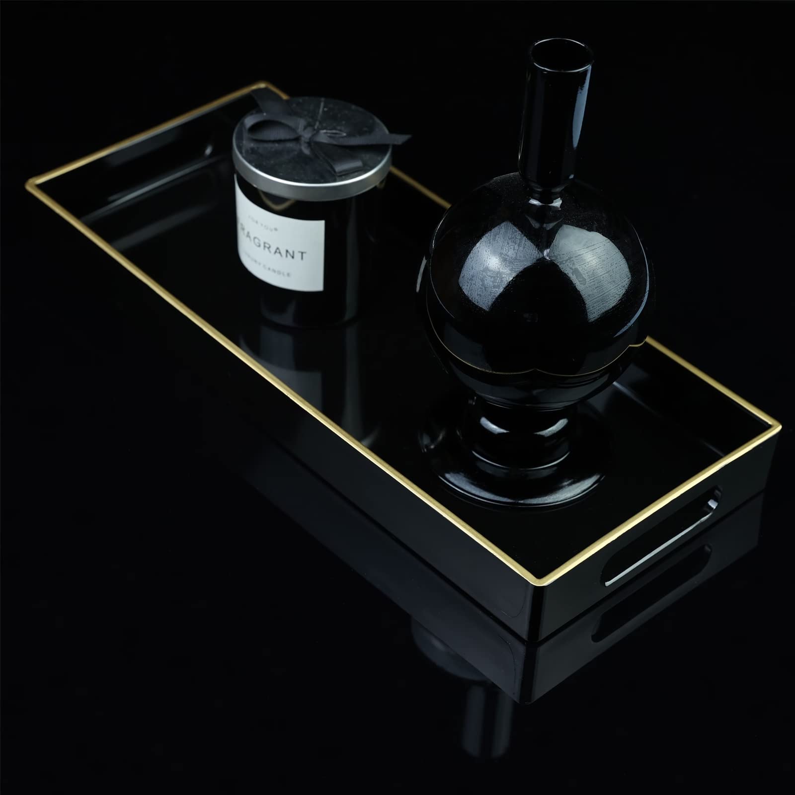 Black Vanity Tray with Handles - Decorative Desktop Storage Organizer for Bathroom & Living Room - 5.9x13.7 Inch - Perfect for Jewelry, Keys & Makeup Organization