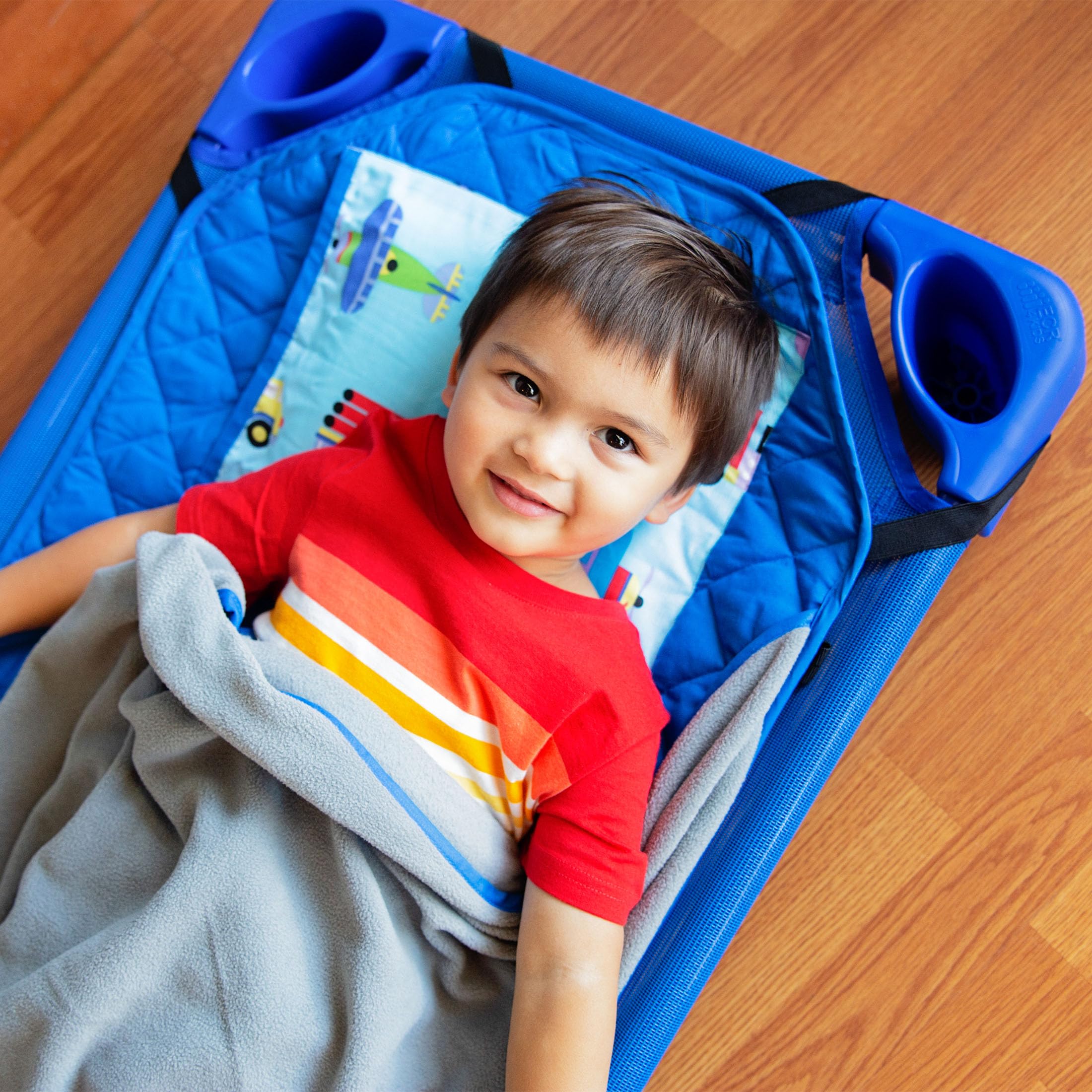 Wildkin 12 Inch Kids Backpack with Modern Nap Mat - Trains, Planes & Trucks Design for Boys & Girls | Perfect for Preschool, Daycare, Travel & Sleepovers