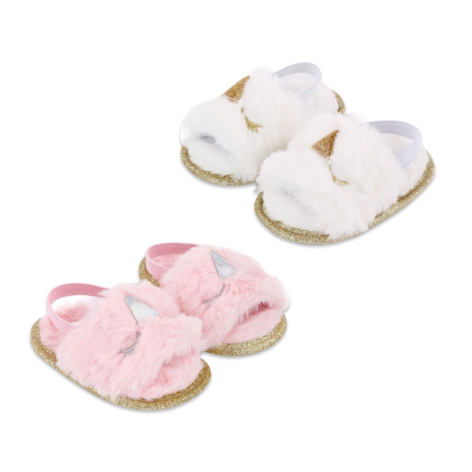 2 Pack Baby Girls Sandals - Soft Elastic Back Strap Flats with Faux Fur - First Walker Slippers for Toddlers - Perfect for Indoor Play, Princess Dress Up & Comfortable House Shoes