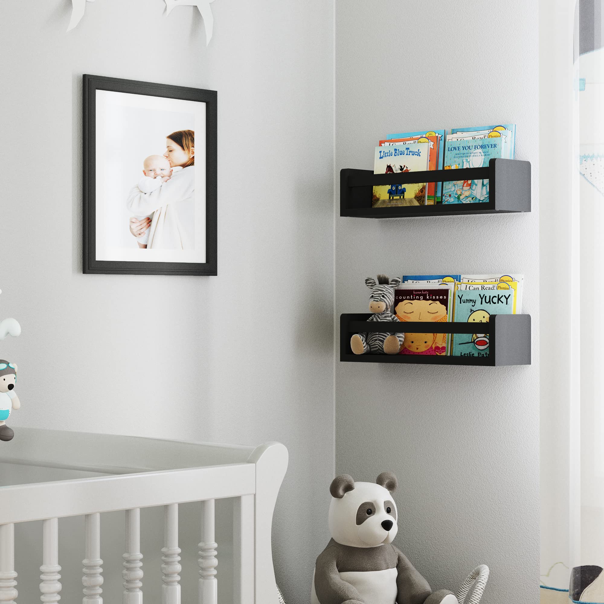 Wallniture Utah Floating Shelves Set of 2 - Modern Wood Wall Shelves for Kids Books, Picture Frames & Nursery Decor - Black - Perfect for Bedroom, Living Room & Home Organization