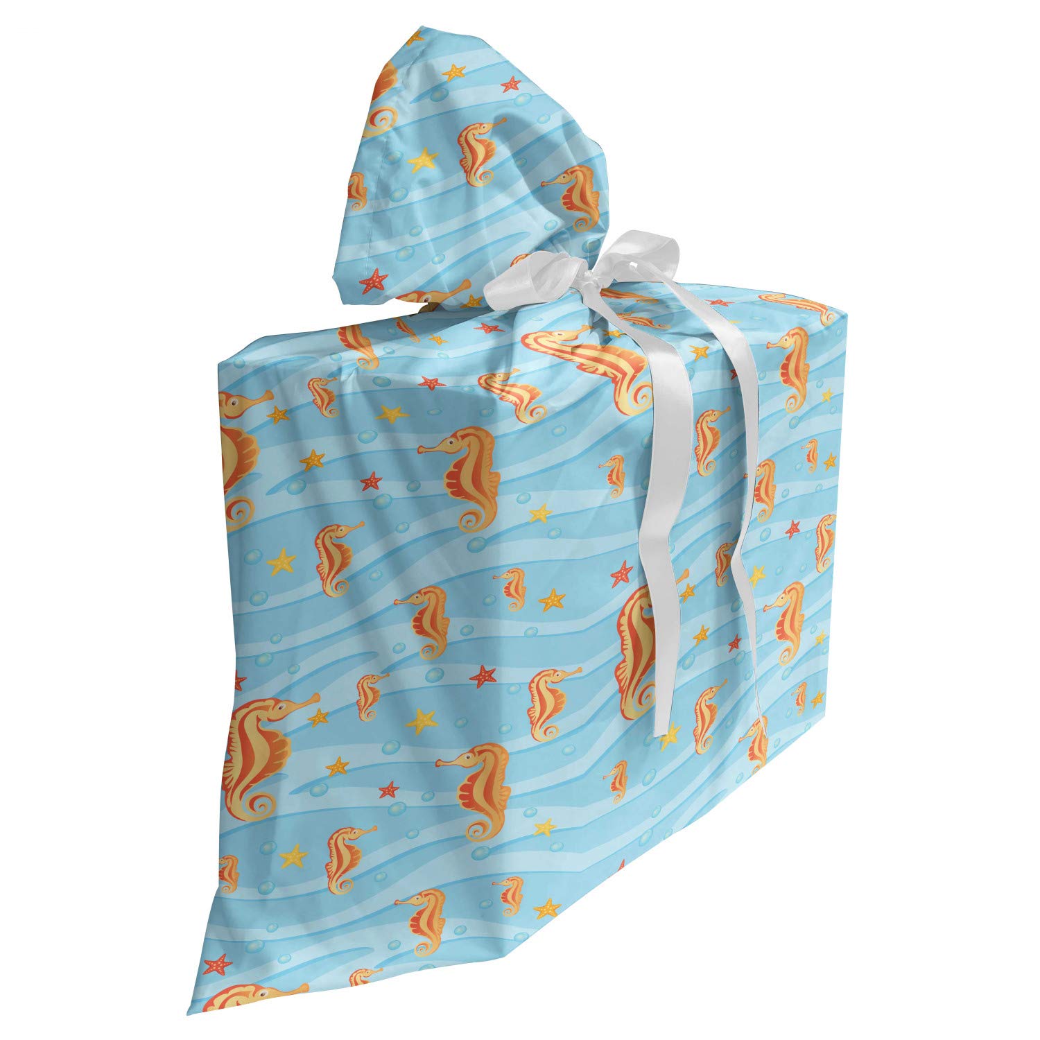 Ambesonne Animal Gift Bag - Seahorse & Sea Star Design with Water Bubbles, Tropical Waves & 3 Ribbons, 27