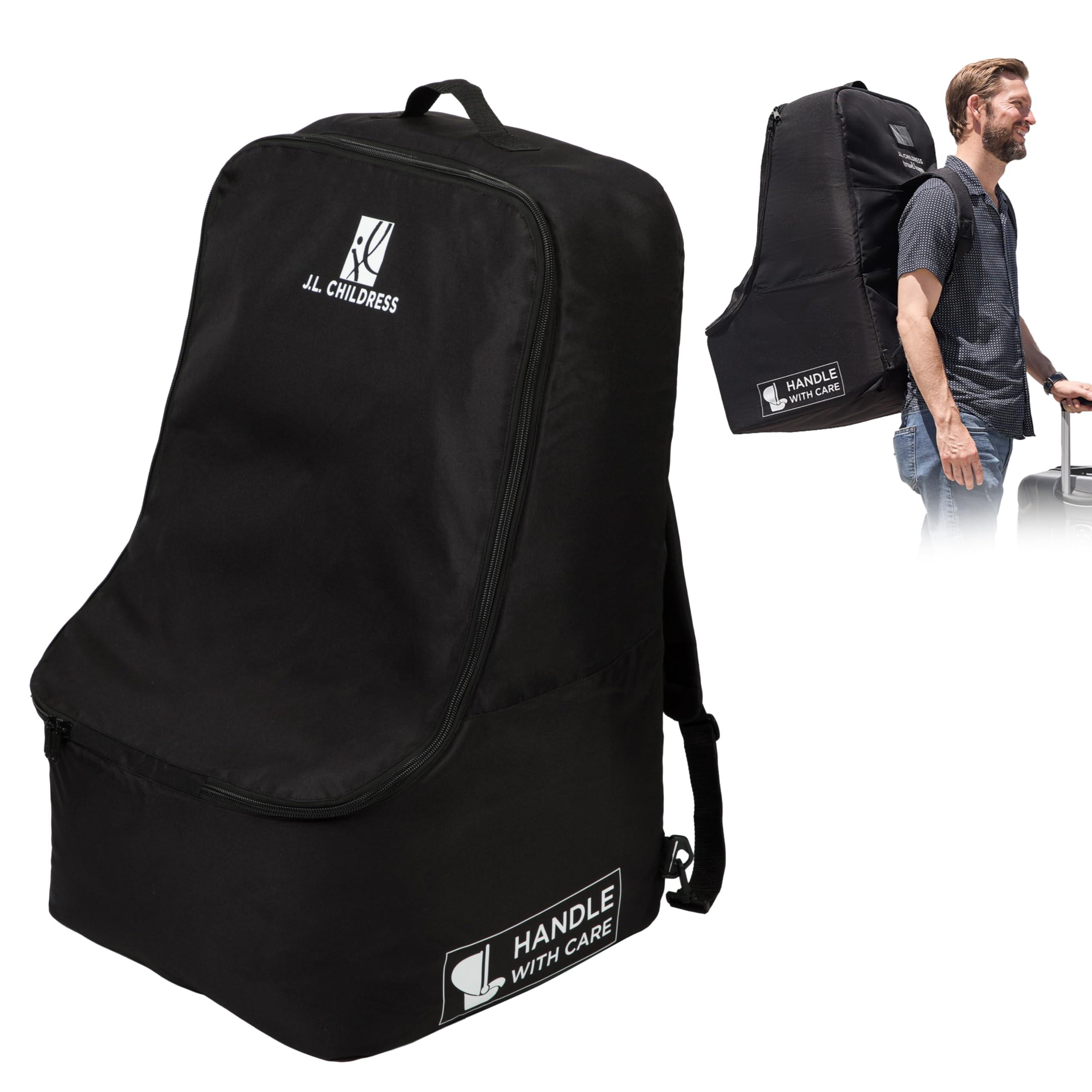 J.L. Childress Premium Deluxe Backpack Car Seat Travel Bag with Thick Padding & AirTag Holder - Universal Airplane Travel Bag for Baby Car Seats, Infant Carriers & Booster Seats - Perfect for Family Vacations, Road Trips & Air Travel - Black