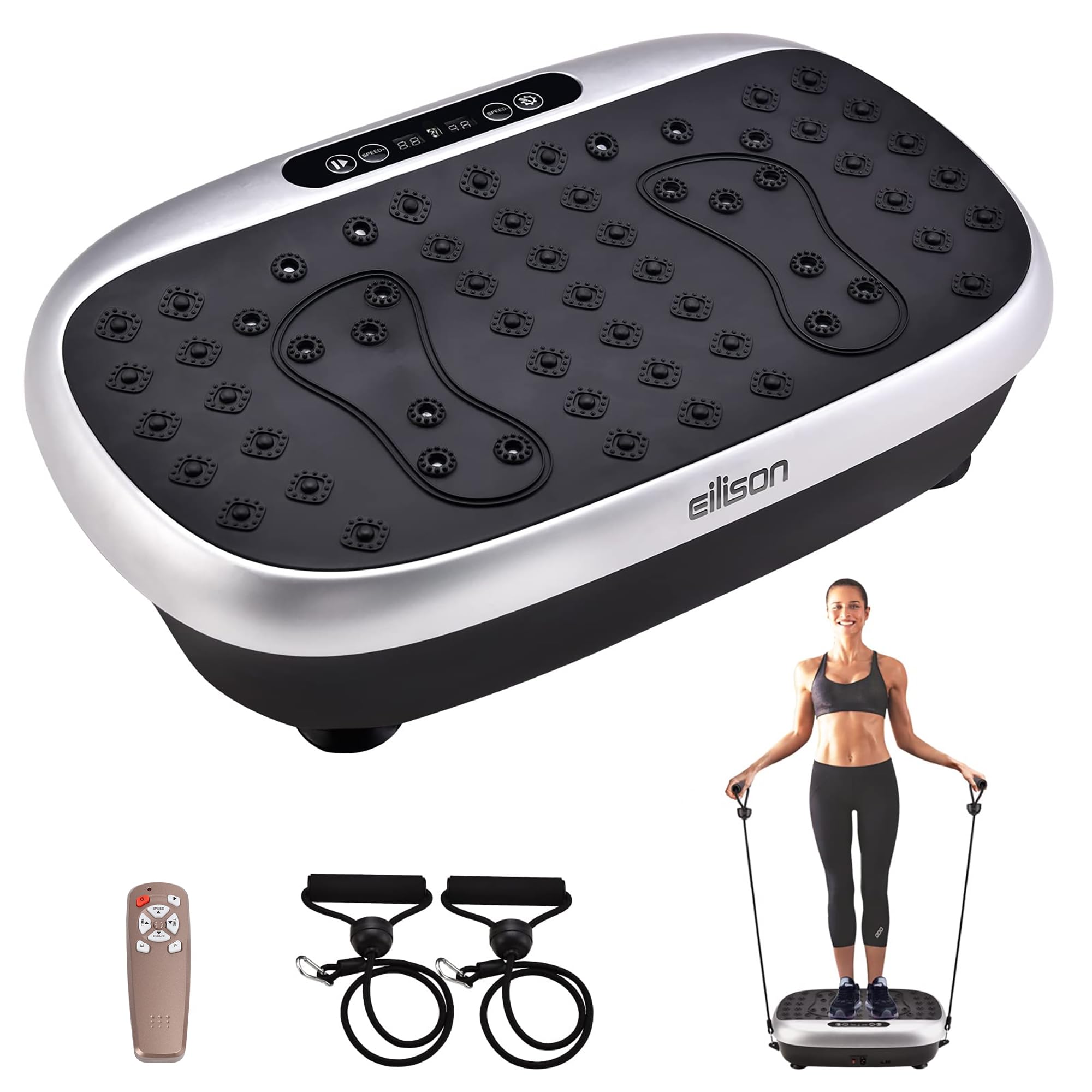 EILISON Atom Vibration Plate Exercise Machine - Full Body Workout Platform for Lymphatic Drainage & Acupressure Therapy - Home Fitness Equipment with Resistance Bands for Weight Loss, 300lbs Capacity - Ideal for Home Gym, Physical Therapy & Muscle Recovery