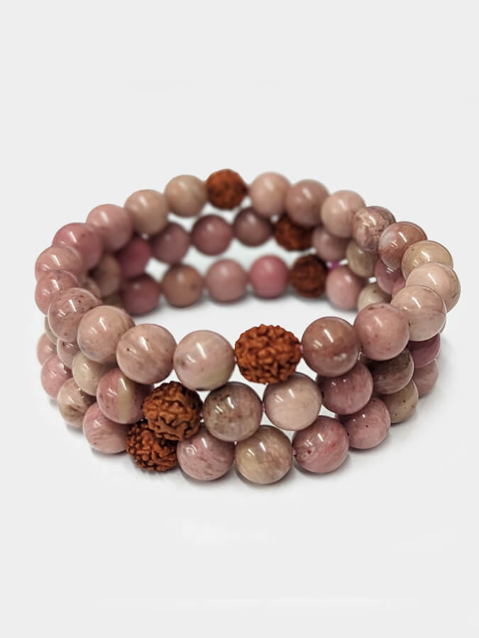 Authentic Rhodochrosite Stone & Rudraksha Mala Bead Yoga Bracelet - Handmade Meditation Jewelry for Yoga, Chakra Healing & Spiritual Practice - Perfect for Yoga Studios, Meditation & Mindfulness Gifts