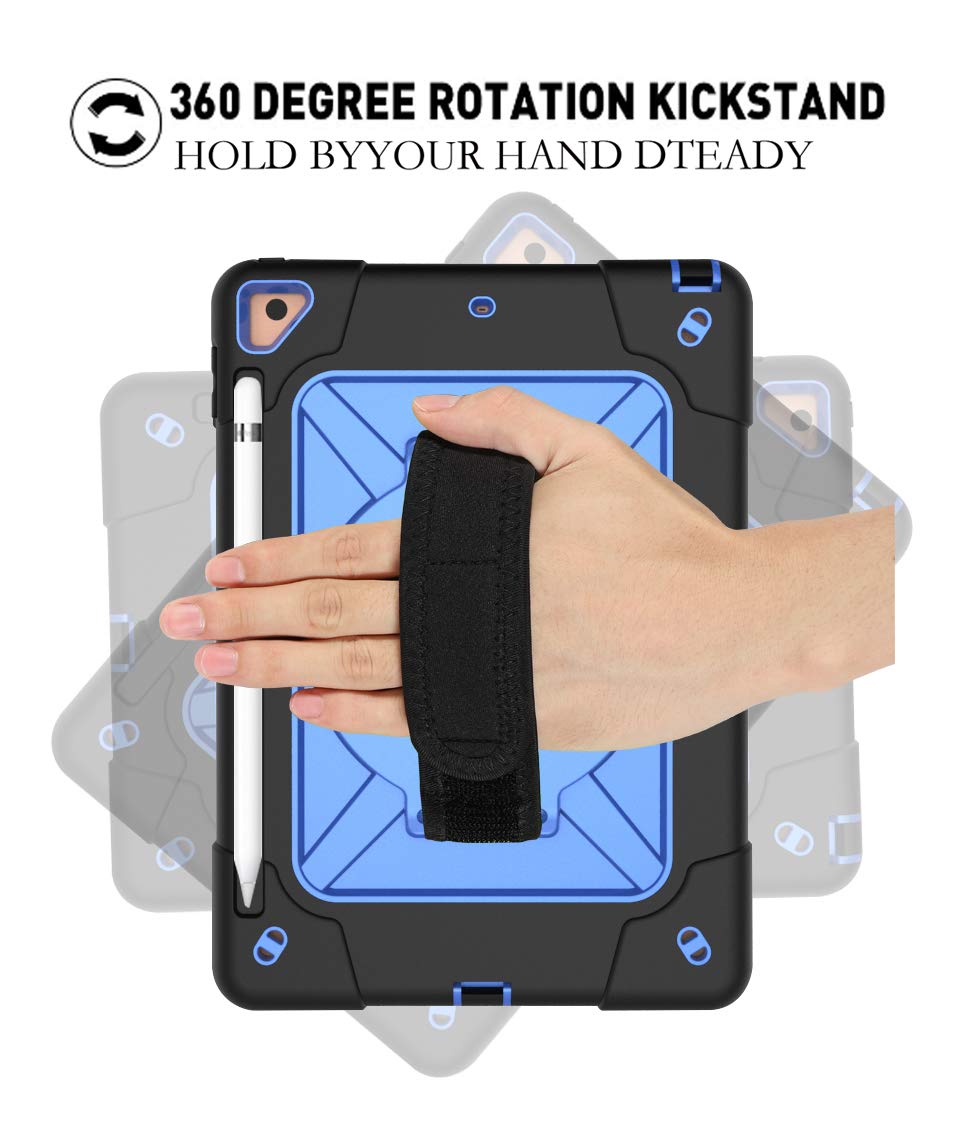 360 Rotating Handle Stand Case for iPad Air 2/Pro 9.7 (2016) & iPad 6th/5th Gen (2017/2018) - Shockproof with Kickstand, Pencil Holder & Shoulder Strap (Black+Blue) | Perfect for Work, Travel & School Use