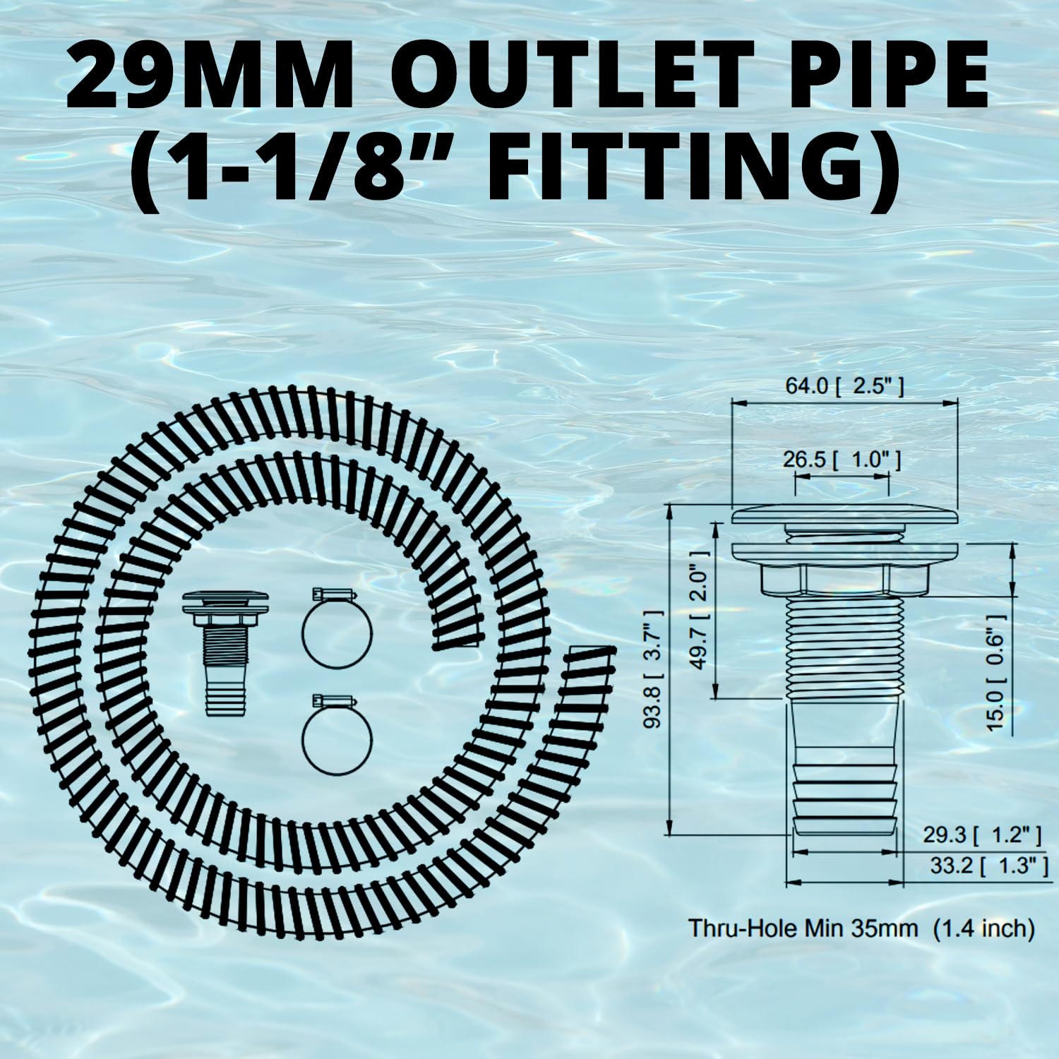 1-1/8-Inch Marine Bilge Pump Hose Kit - 6FT Premium PVC Hose with 2 Stainless Steel Clamps & Thru-Hull Fitting - Boat Drainage System for Yachts, Sailboats, Fishing Vessels (Waterproof & Durable)