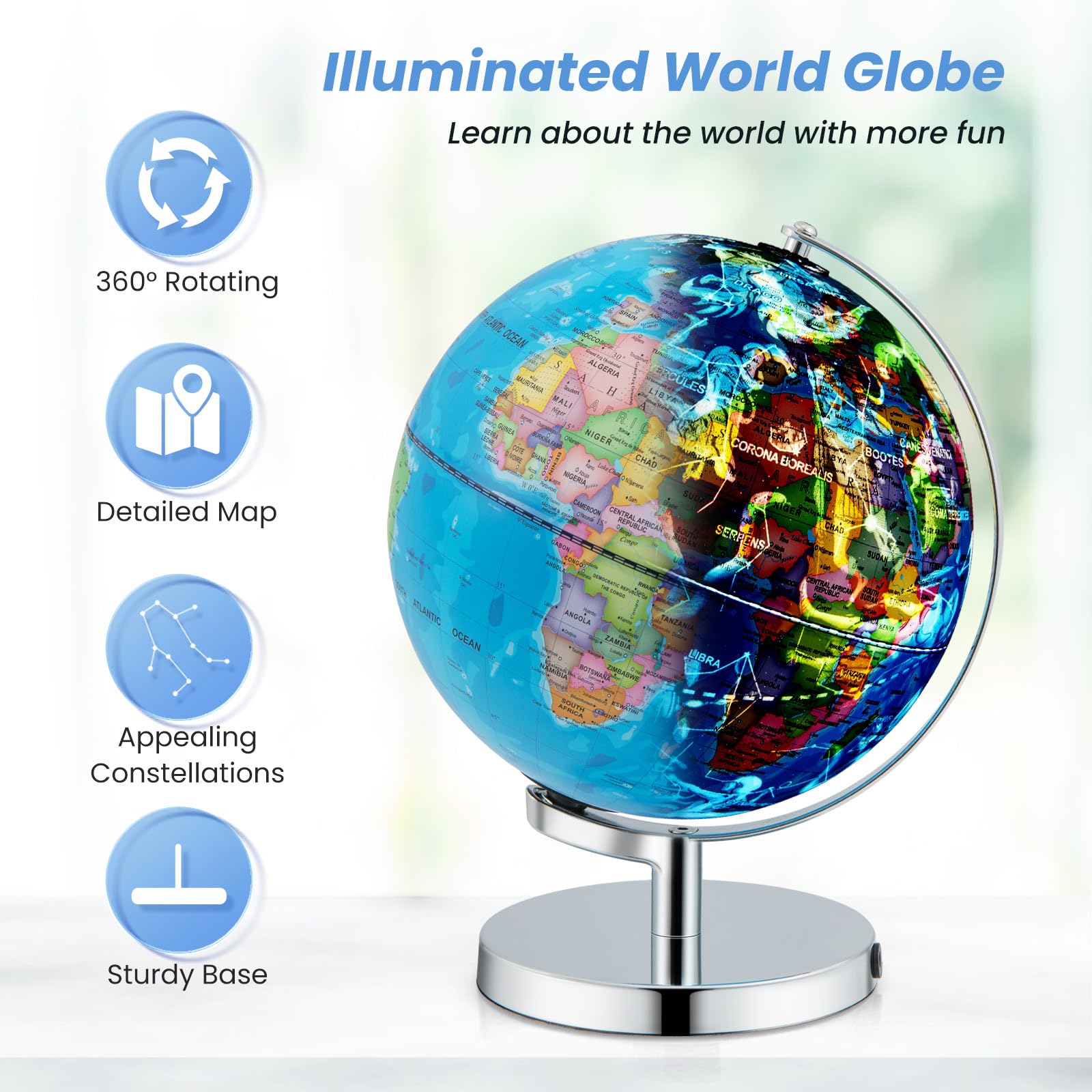 Goplus 9-Inch Illuminated World Globe with Stand - Rotating 3-in-1 Educational Globe with Constellation Stars & LED Night Light - Perfect for Geography Learning, Classroom Decor, Office Display, and Kids Bedroom Night Light