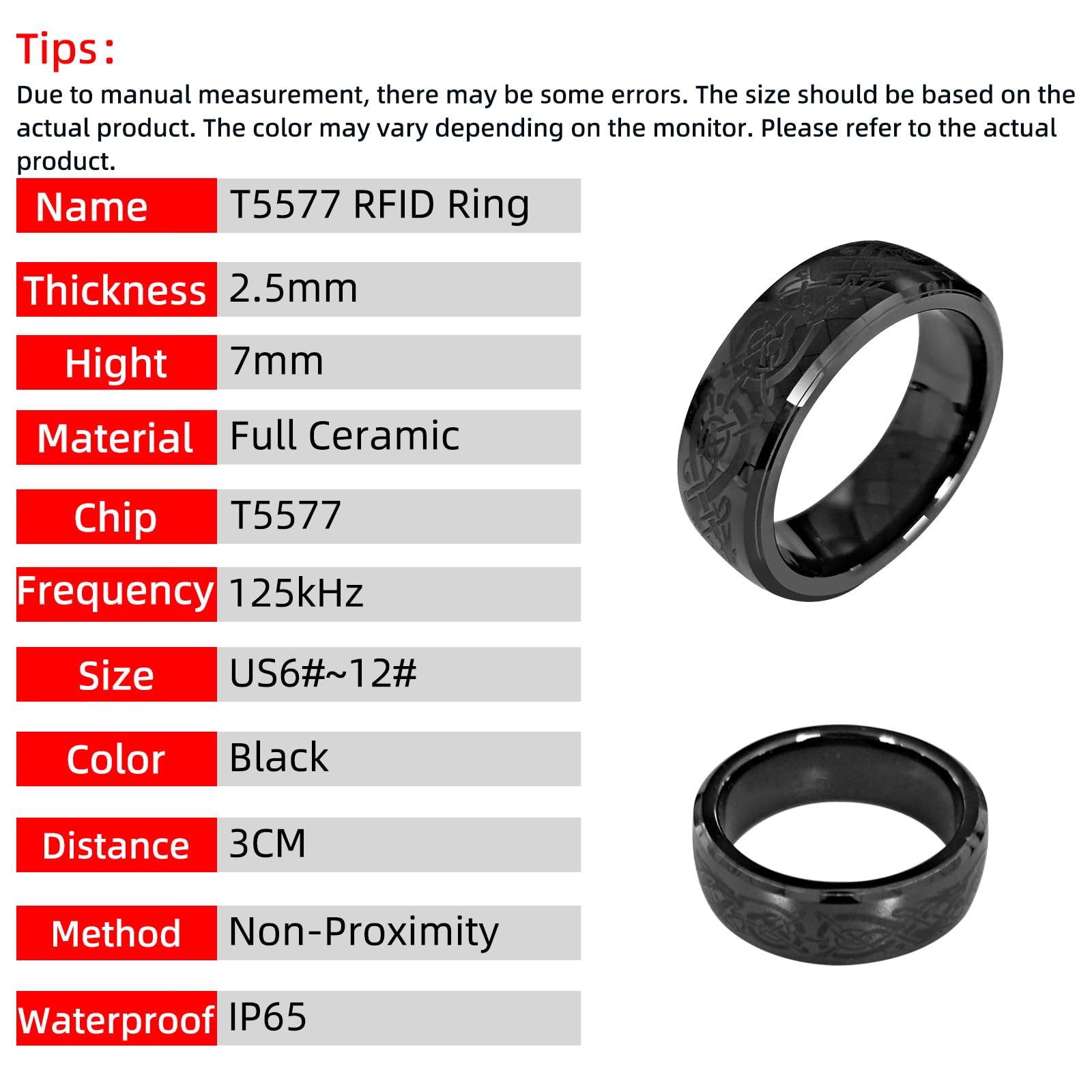 125kHz T5577 RFID Rewritable Ceramic Ring with Dragon Design - Clone EM4100 Cards for Cabinet Locks (Black, US Size 8) - Perfect for Access Control, Security Systems & Key Replacement
