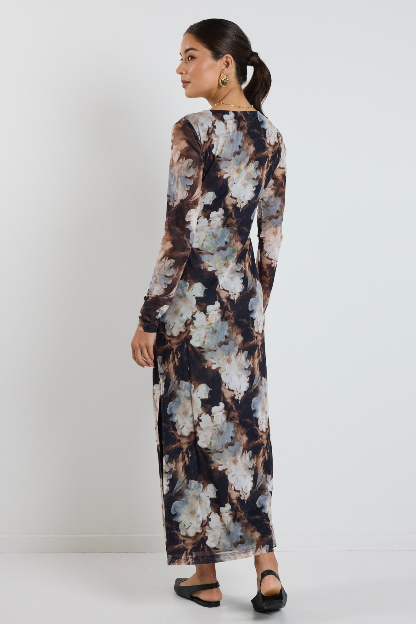 Elegant Sepia Floral Long Sleeve Maxi Dress for Women - Boho Chic Mesh Beach Dress for Summer Vacation & Outdoor Events