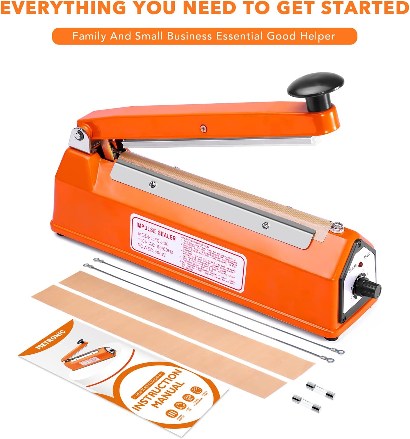 8 Inch Manual Heat Sealer Machine for Plastic Bags - Impulse Sealer with Adjustable Temperature for Food Packaging, Vacuum Sealing & Storage - Perfect for Home, Kitchen & Commercial Use