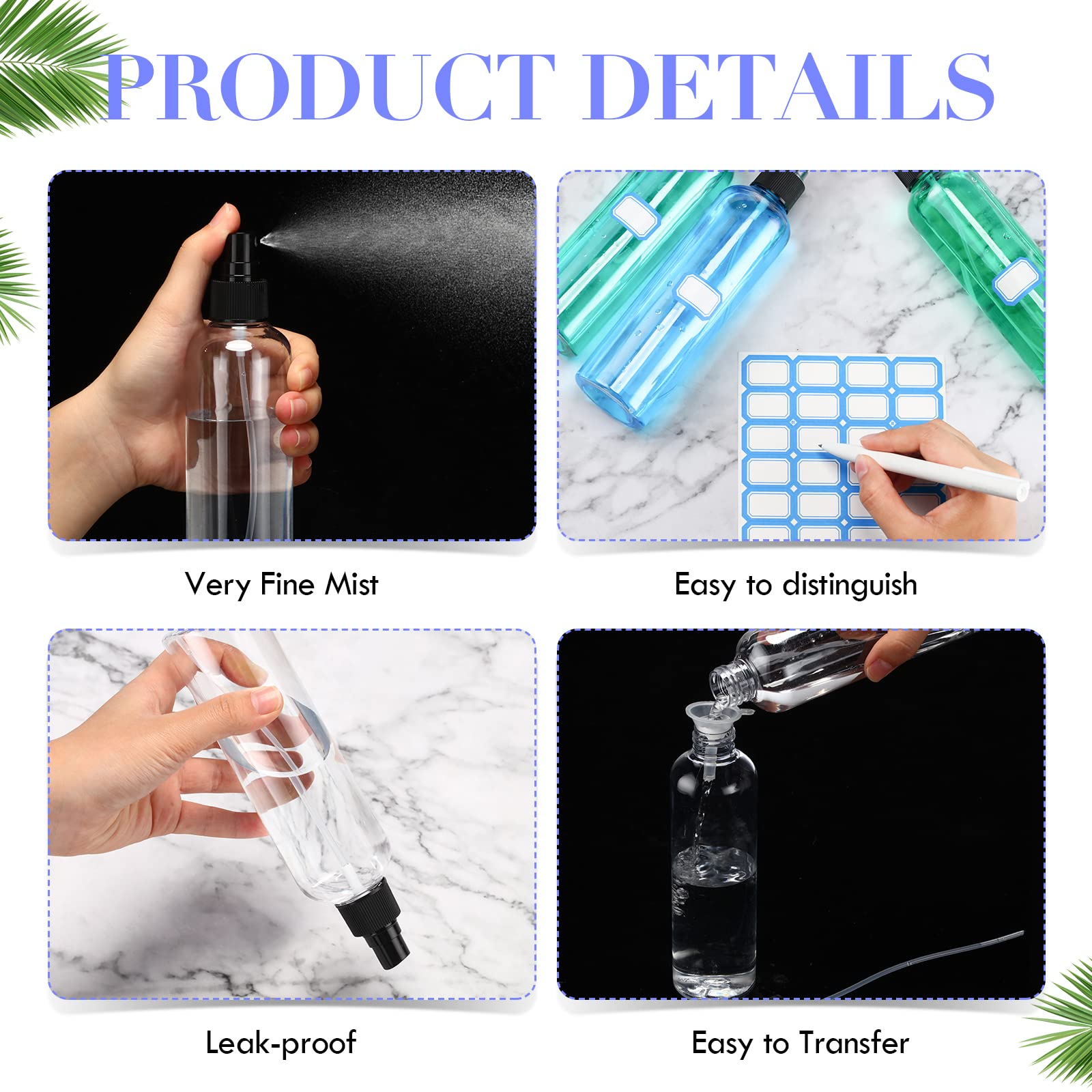 Eccliy 64 Pack 8oz Clear Plastic Spray Bottles - Fine Mist Refillable Empty Bottles with Caps for Essential Oils, Perfumes, Hair Care & Cleaning Solutions | Travel Size, Home & Salon Use