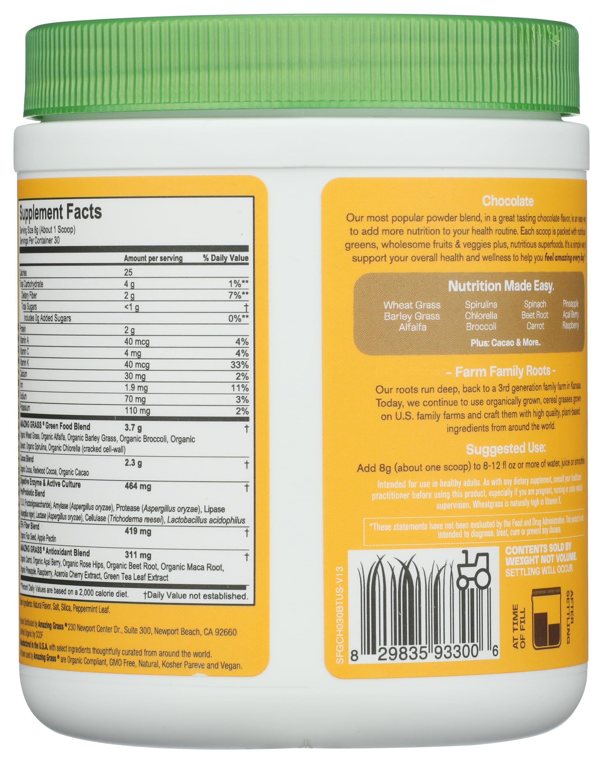 AMAZING GRASS Chocolate Green Superfood Powder - 8.5 oz | Organic Super Greens Blend with Spirulina & Chlorella | Perfect for Smoothies, Shakes & Healthy Energy Boosts
