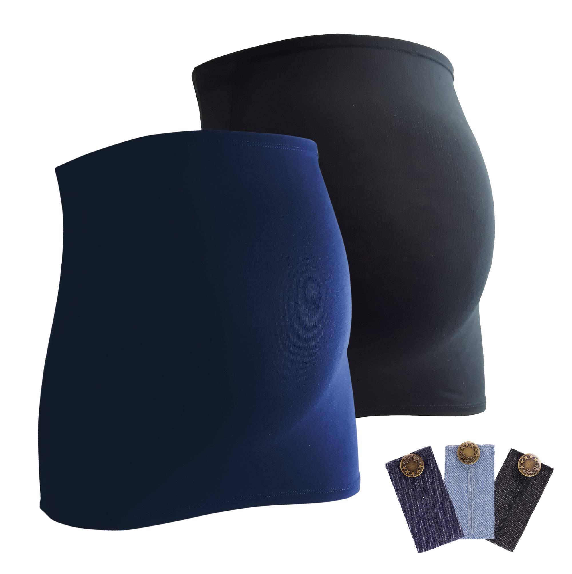 Maternity Bump Band & Jeans Extenders Set - Twin Pack with 3 Extenders, Back Warmer & Top Extender for Pregnant Women | Stretchy Comfortable Pregnancy Support | Dark Blue/Black | Medium/Large | Perfect for Work, Travel & Everyday Wear