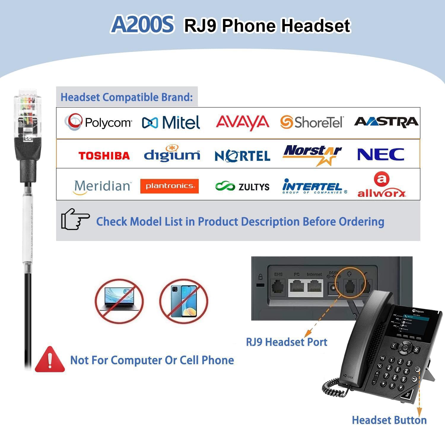 Noise Canceling Corded Telephone Headset with Microphone - Compatible with Mitel, ShoreTel, Polycom, Plantronics, Avaya, Toshiba, Digium & Nortel Office Phones - Perfect for Call Centers, Customer Service & Business Communications