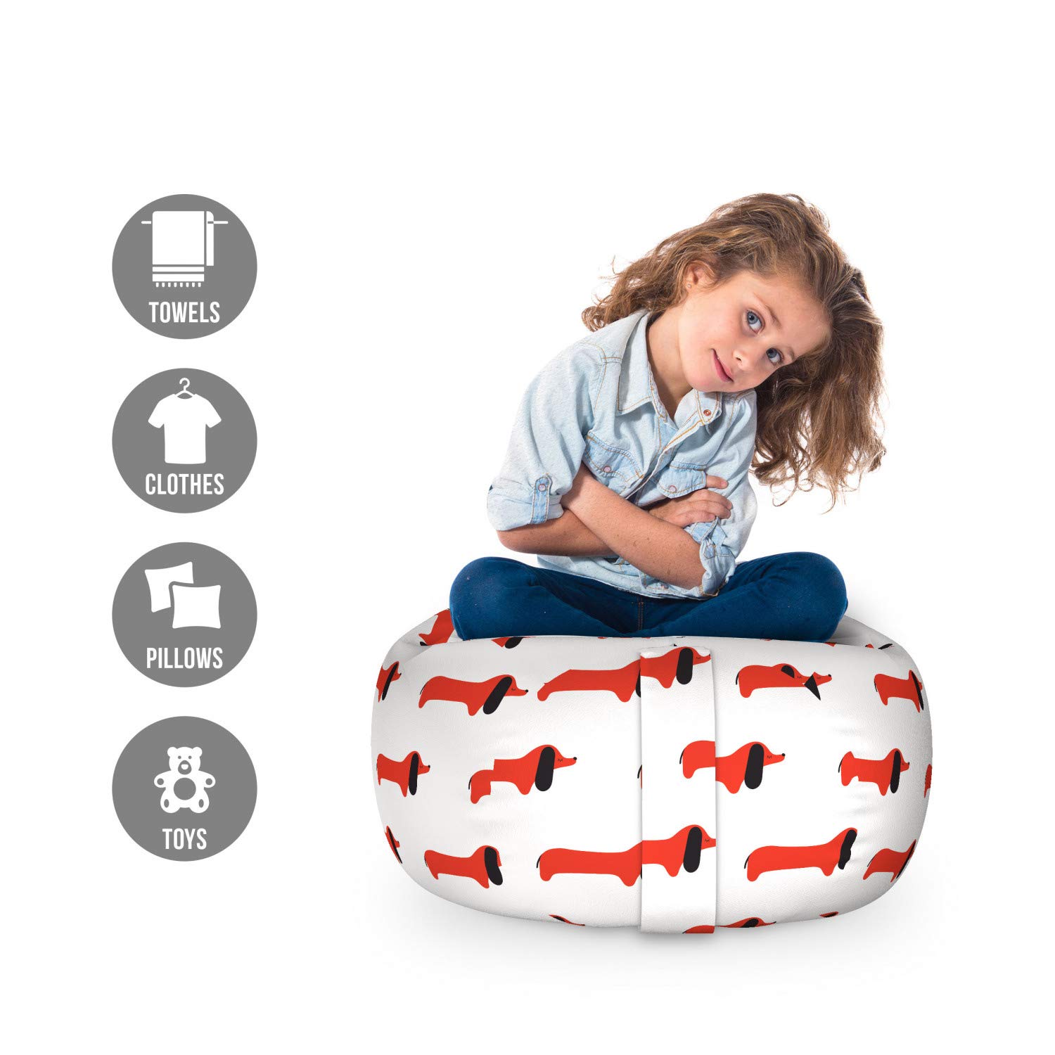 Ambesonne Dachshund Toy Storage Bag Chair - Washable Stuffed Animal Organizer with Abstract Dog Pattern in Vermilion & Charcoal Grey | Perfect for Kids' Room, Nursery, or Pet Toy Organization