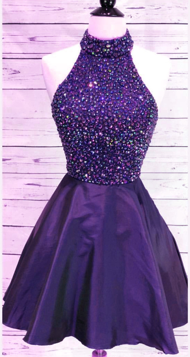 Elegant Crystal Beaded High Neck Open Back Satin Homecoming Dress for Prom, Evening Gala & Special Occasions