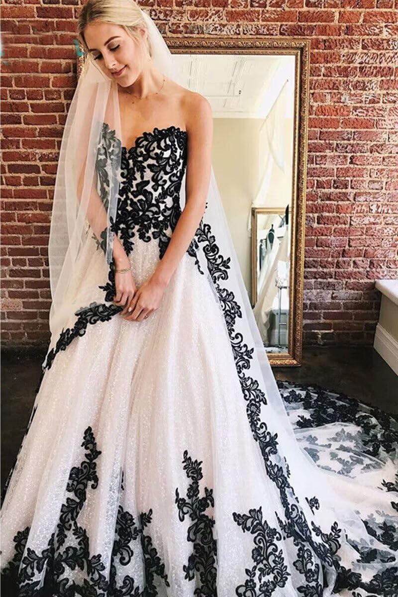 Gothic Black Lace Wedding Dress for Bride - Strapless Tulle Bridal Gown with Long Train | Sweetheart Neckline | Perfect for Gothic, Victorian, or Dark Romance Weddings