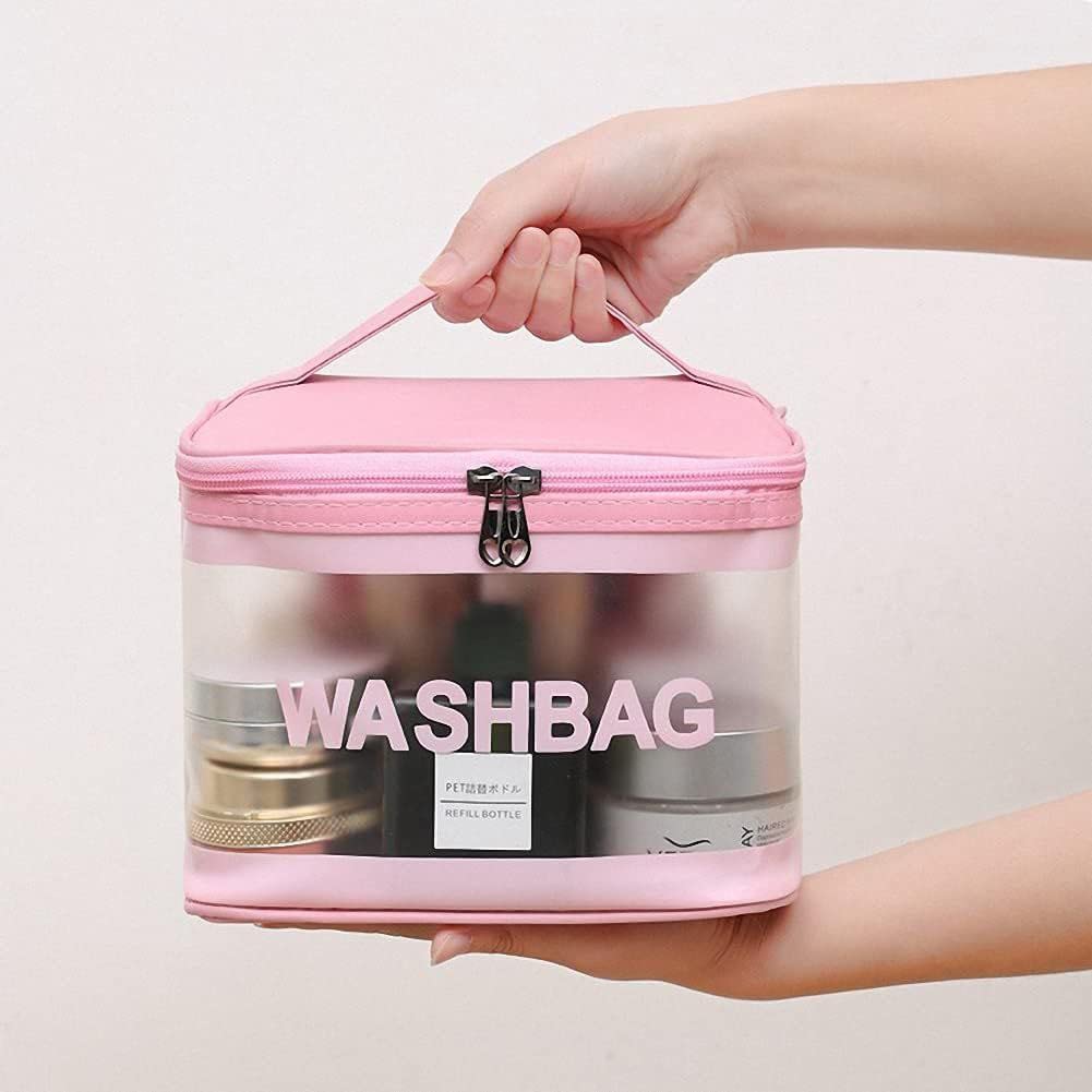 Ameedarshan™ Clear Travel Toiletries Bag - Waterproof Large Capacity Cosmetic Organizer with Double Zipper, PVC Portable Makeup Case for Women - Perfect for Business Trips, Bathroom Storage & Airplane Carry-On (Pink)