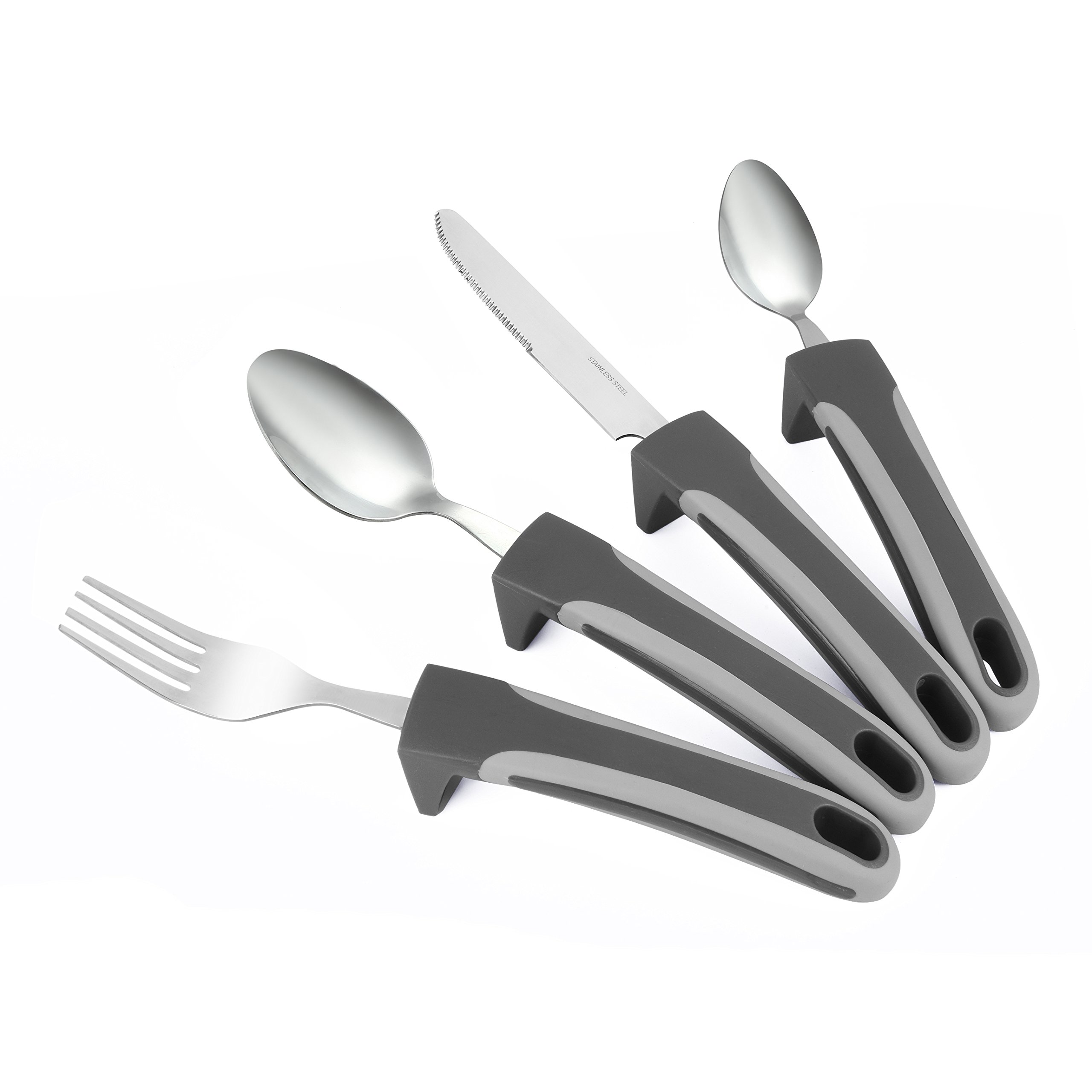 Special Supplies Adaptive Utensils Set for Hand Tremors & Arthritis - 4-Piece Kitchen Tools with Non-Slip Handles (Stainless Steel Knife, Fork, Spoons) - Ideal for Parkinson’s, Elderly & Disabled Users - Gray Striped Design for Easy Grip & Comfortable Dining