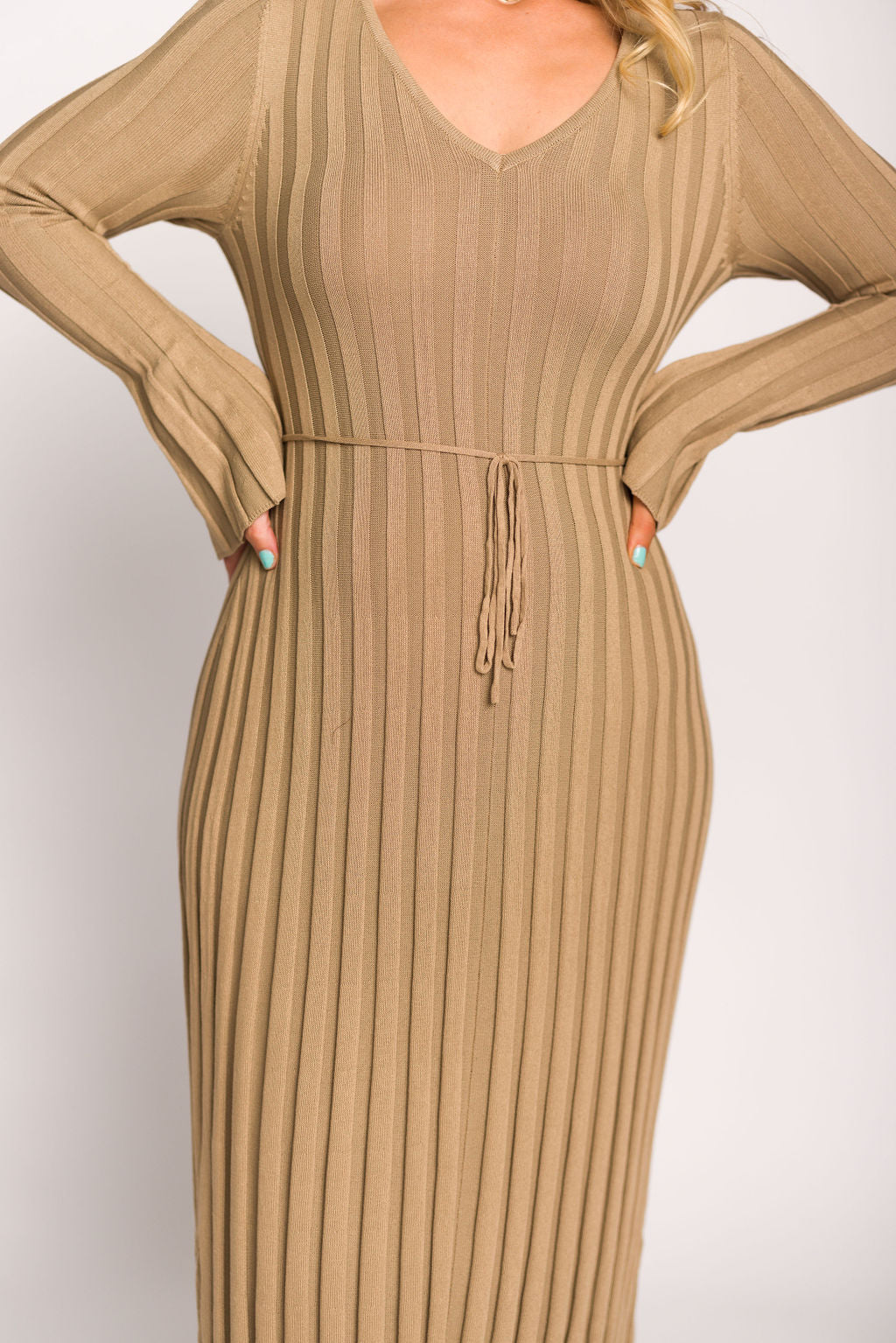 Hadley Long Sleeve V Neck Knit Maxi Dress for Women - Elegant Espresso Brown Fall/Winter Midi Dress with Side Slits | Perfect for Office, Date Night & Holiday Parties