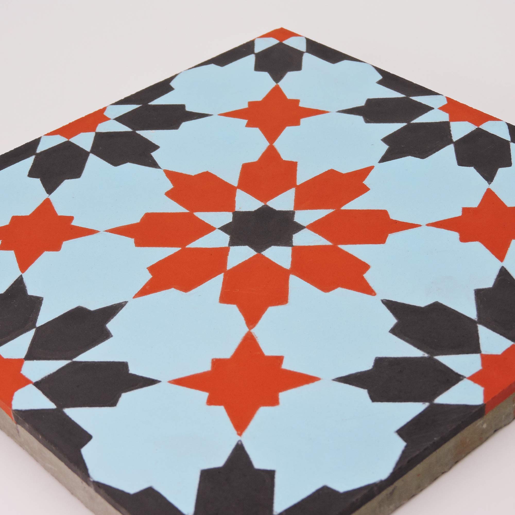 Handmade Moroccan Cement Mosaic Tiles - Pack of 12 (Blue, Red, Black) - Authentic Ahfir Design for Kitchen Backsplash, Bathroom Floor & Wall Decor