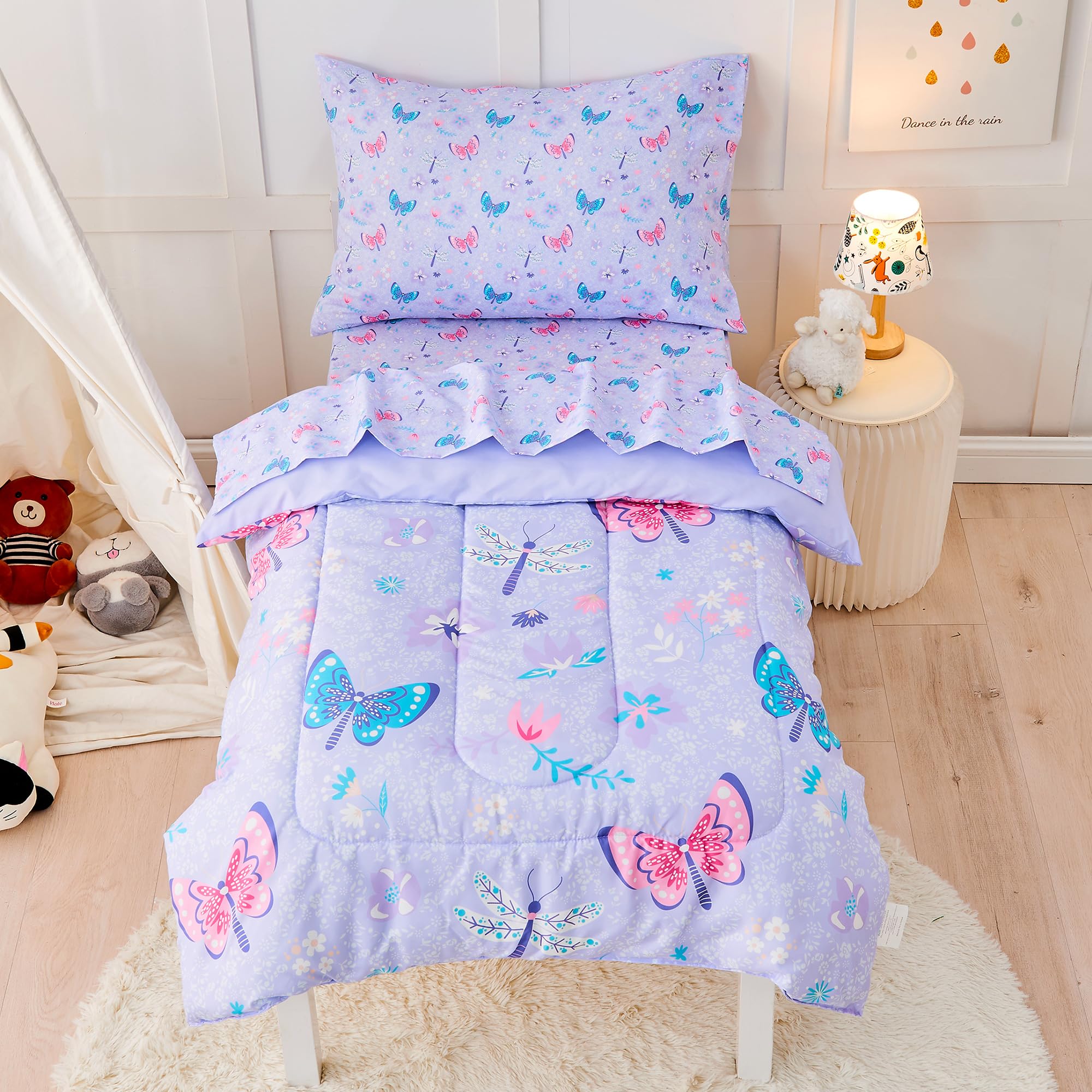 Butterfly Toddler Bedding Set for Girls - 4 Piece Bed-in-a-Bag Comforter Set with Super Soft Microfiber Sheets | Nursery Decor & Toddler Room Essentials for Sweet Dreams