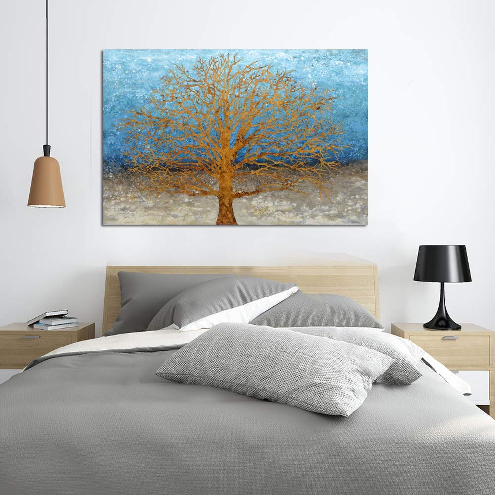 Yihui Arts Tree Canvas Wall Art - Blue and Gold Textured Forest Painting, Modern Landscape Wall Decor for Living Room, Bedroom, Bathroom - Perfect for Home, Office & Gift Giving