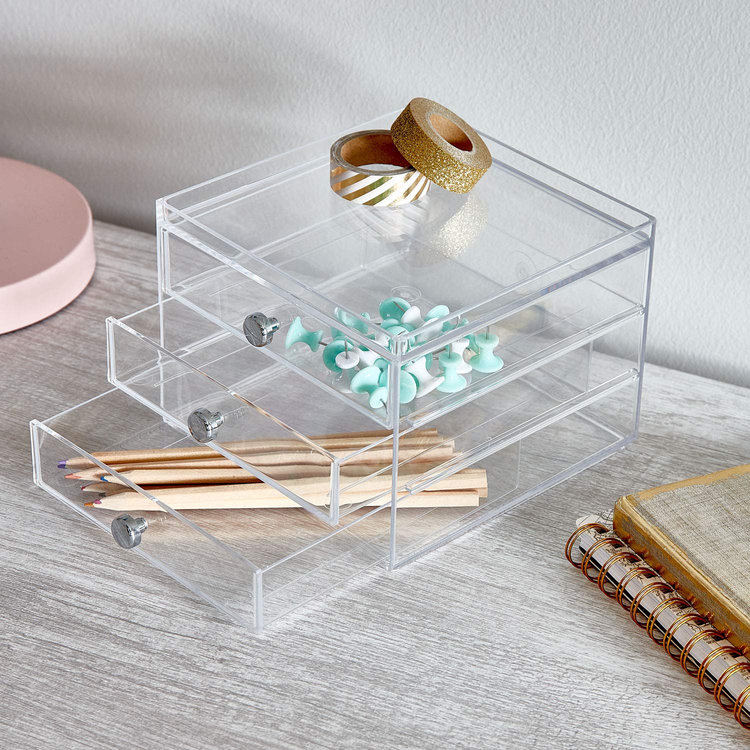 iDesign 3-Tier Plastic Vanity Organizer - Slim Cosmetic Storage Drawers for Makeup, Hair Care & Dental Supplies - Compact Bathroom, Dorm & Desk Organizer (6.5