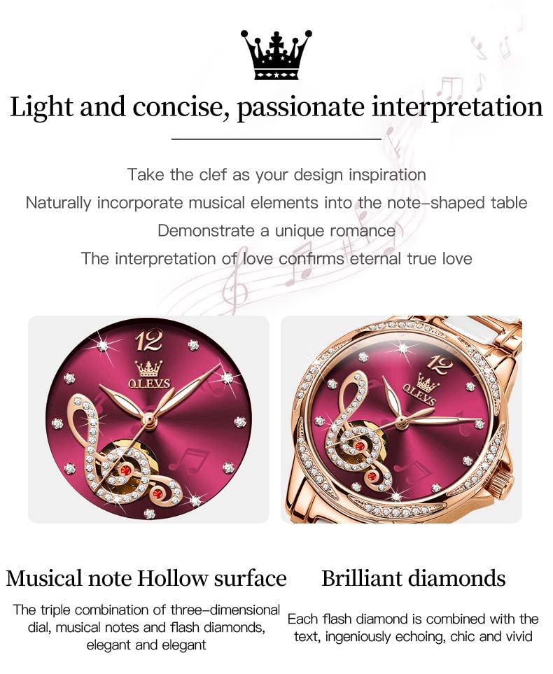 OLEVS Women's Automatic Self-Winding Watch - Red Face Rose Gold Mechanical Diamond Dress Watch for Women, Waterproof & Battery-Free - Perfect for Office, Party & Special Occasions