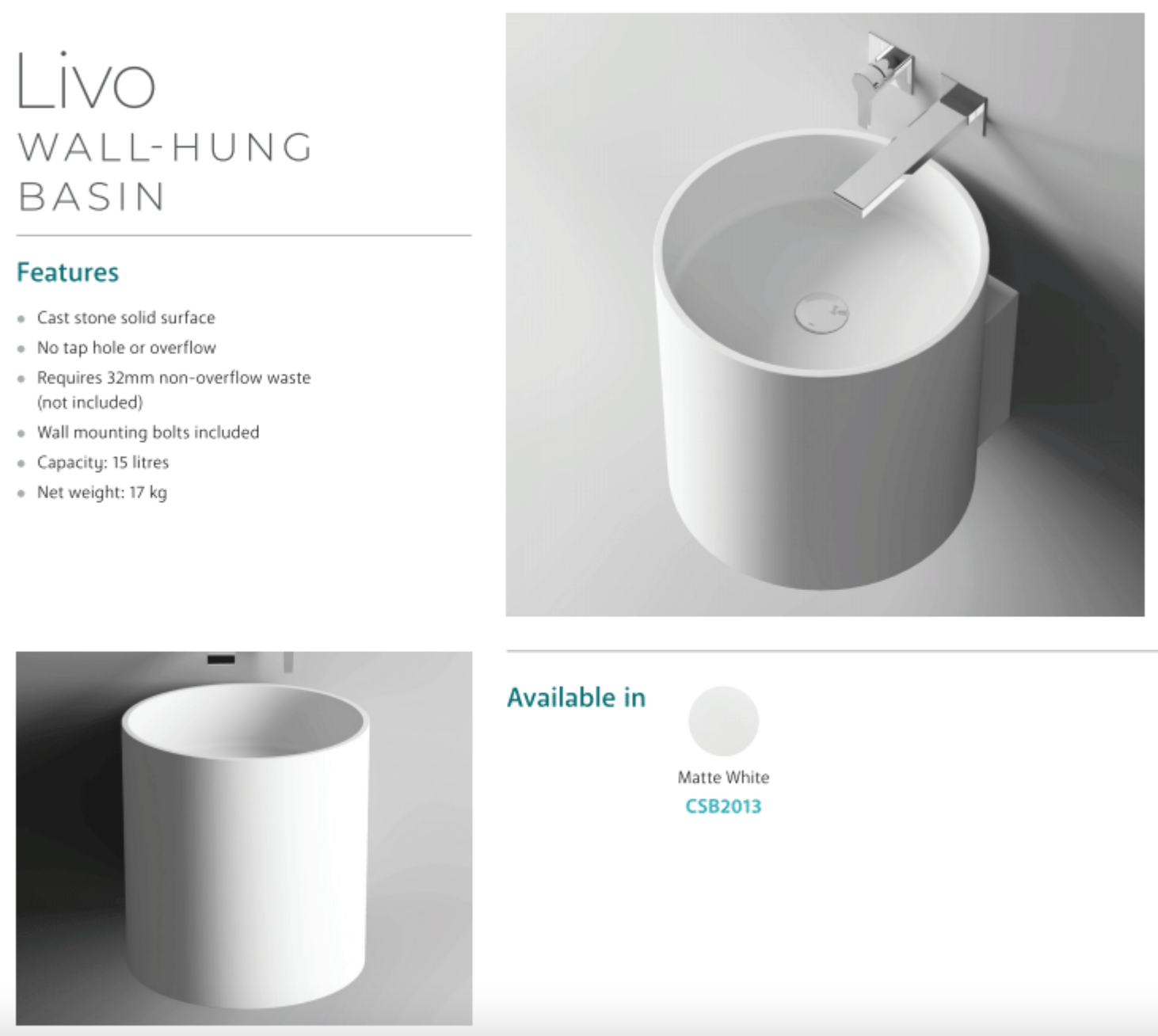 Fienza CSB2013 Livo Solid Surface Wall-Mounted Bathroom Sink in Matte White - Modern Vanity Basin for Small Bathrooms & Powder Rooms