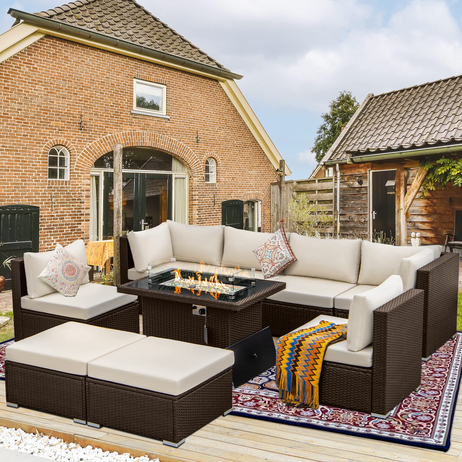 BLUEXYARD 9-Piece Brown PE Rattan Outdoor Patio Furniture Set with Fire Pit Table - High Back Wicker Sectional Sofa Conversation Set for Backyard, Garden, Poolside (Beige) - Perfect for Entertaining, Relaxing & Outdoor Gatherings