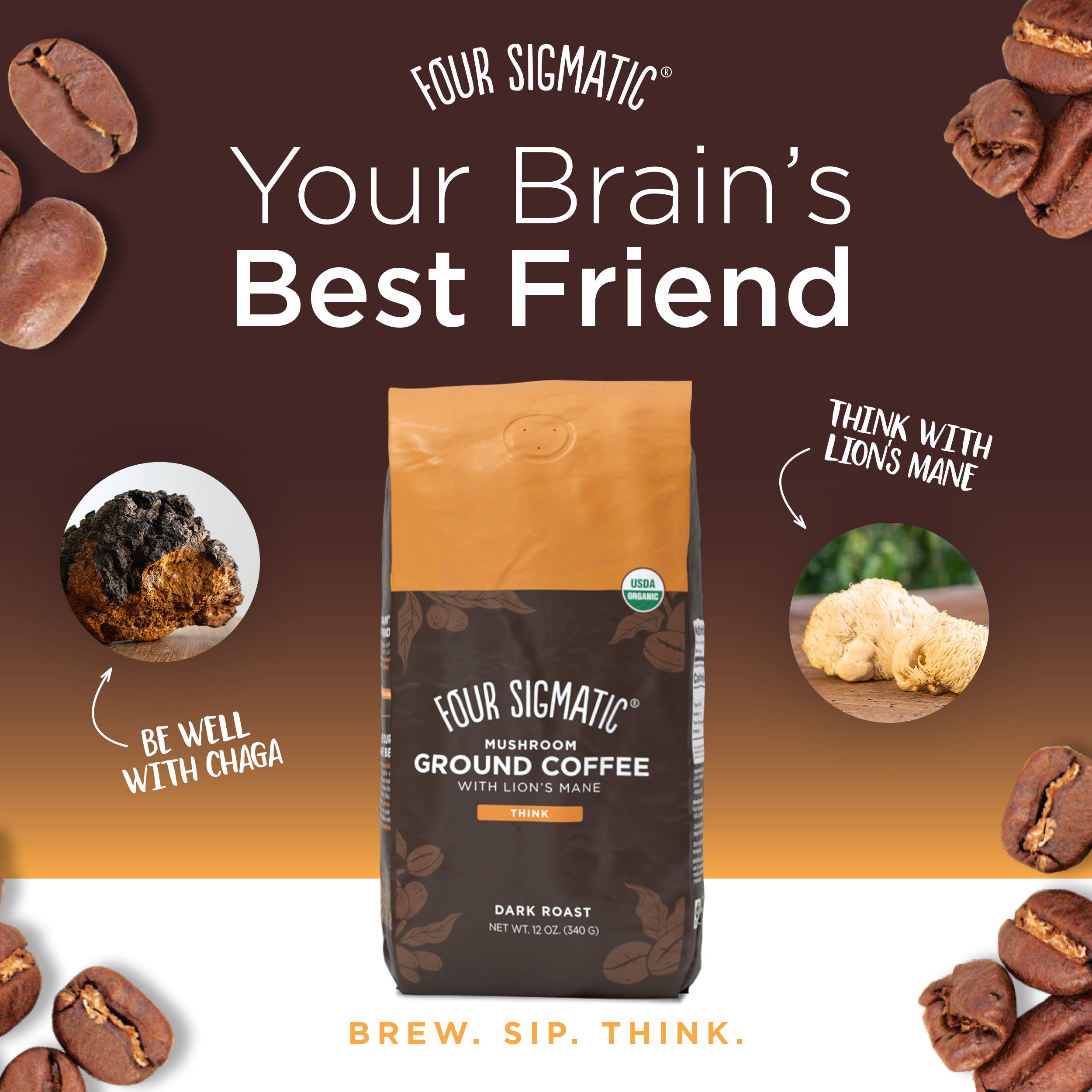 Organic Mushroom Ground Coffee - Dark Roast with Lion's Mane, Chaga & Mushroom Powder - Instant Coffee Latte with Maitake, Chaga & Coconut Milk - Boost Focus & Immunity - Perfect for Morning Energy & Wellness Routine