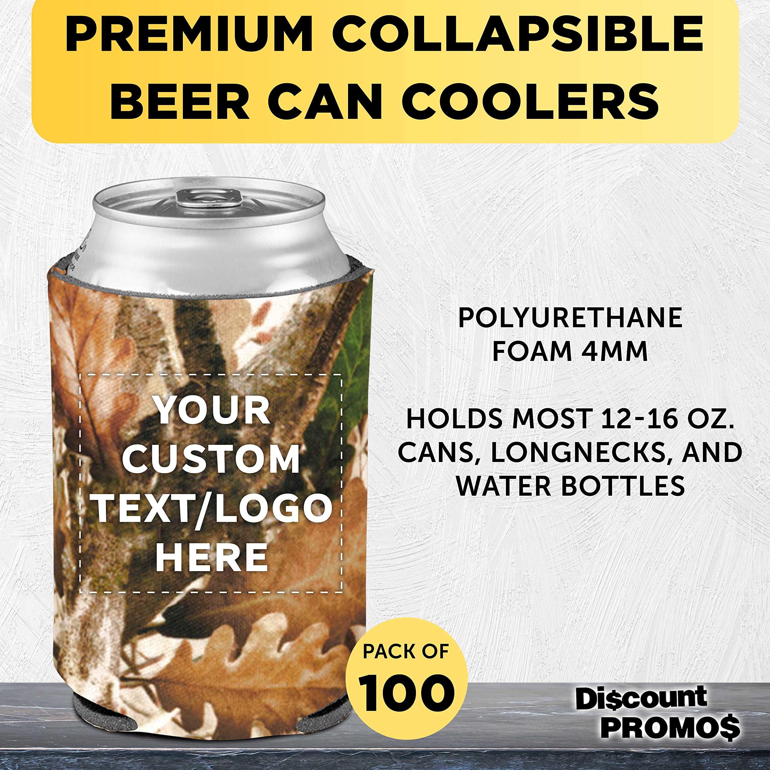Custom Collapsible Beer Can Coolers 4mm - Set of 100 Bulk Pack - Personalized Insulated Sleeves for Beer, Soda & Beverages - Camo Design - Perfect for Parties, Tailgating & Outdoor Events