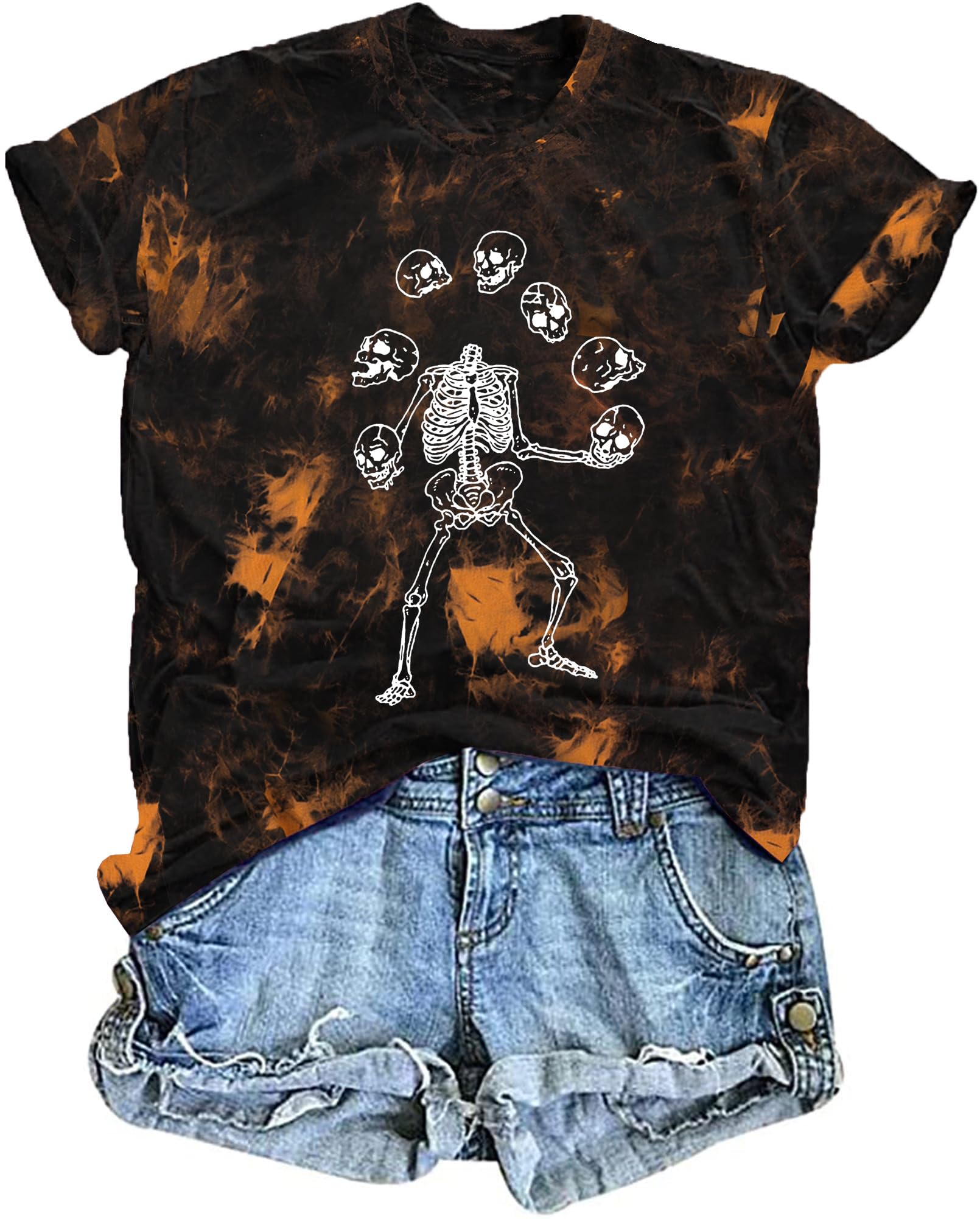 Women's Happy Halloween Dancing Skeleton Graphic T-Shirt - Cute Skull Print Fall Tee Top Blouse - Perfect for Halloween Parties, Costume Contests & Spooky Season Outfits