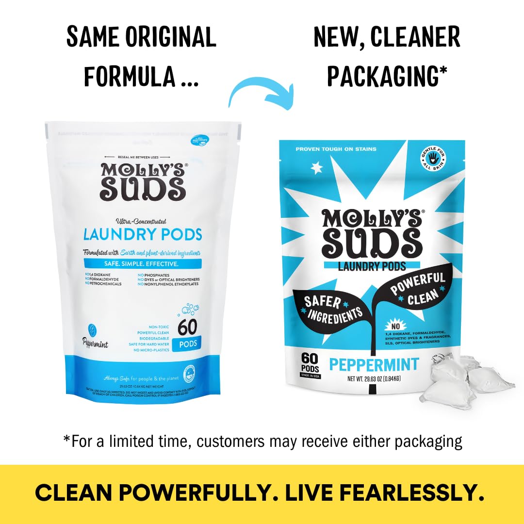 Molly's Suds Laundry Detergent Pods for Sensitive Skin | Ultra Concentrated Stain Fighter | Peppermint Scented | 60 Count | Perfect for Babies, Allergies & Eco-Friendly Homes