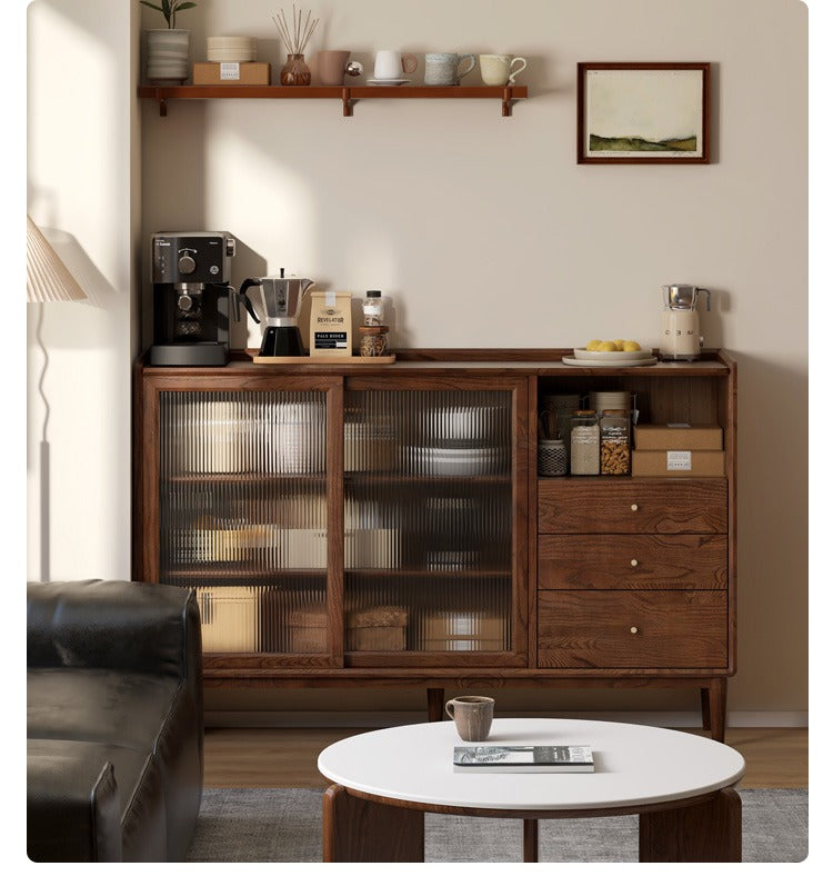 Modern Solid Wood Sideboard with Glass - Black Walnut & Oak - Perfect for Living Room, Dining Room, or Entryway Storage