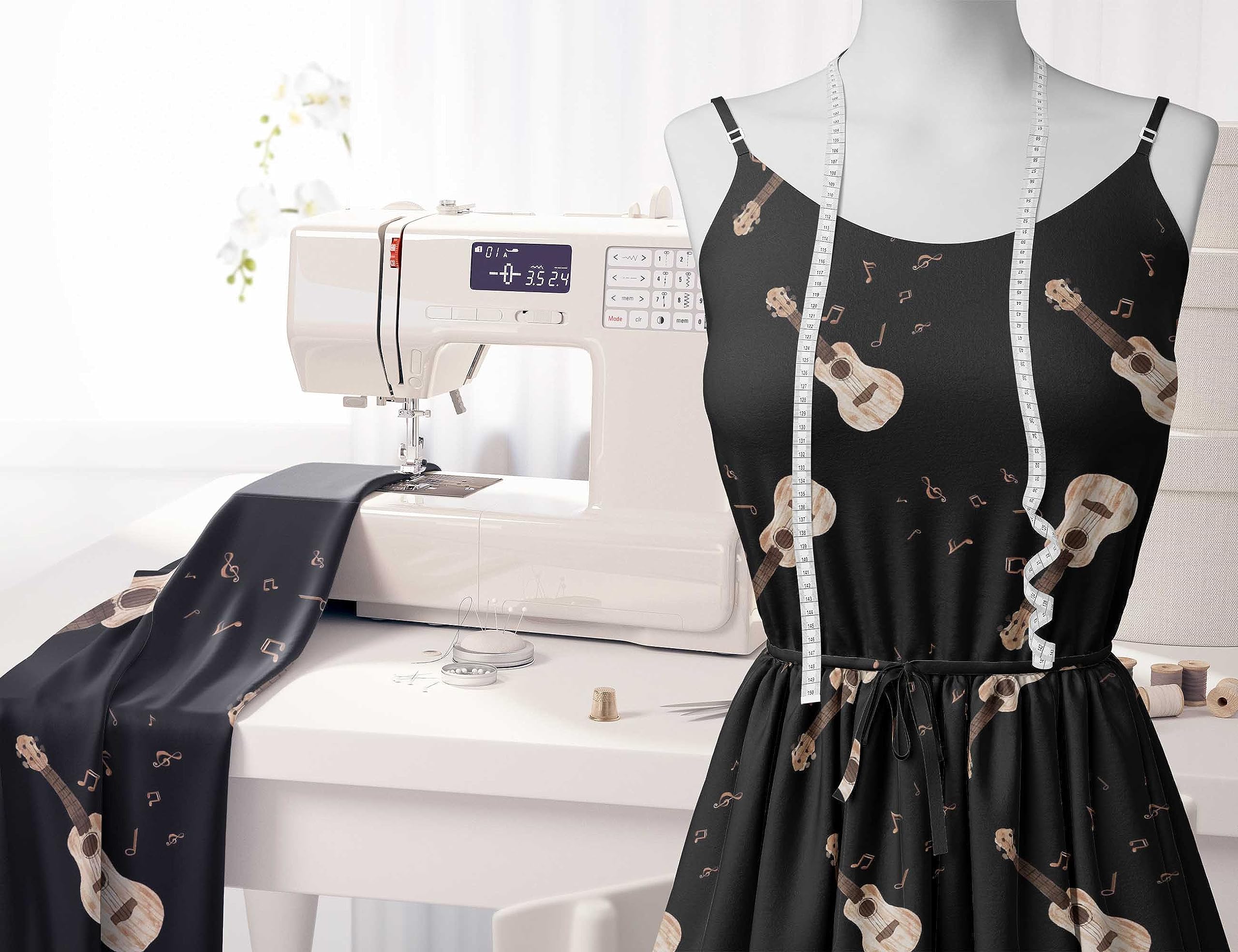 Soimoi Black Polyester Crepe Fabric by The Yard - 42 Inch Wide - Musical Instrument Print Fabric for Apparel & Home Decor - Perfect for Dresses, Curtains & Craft Projects