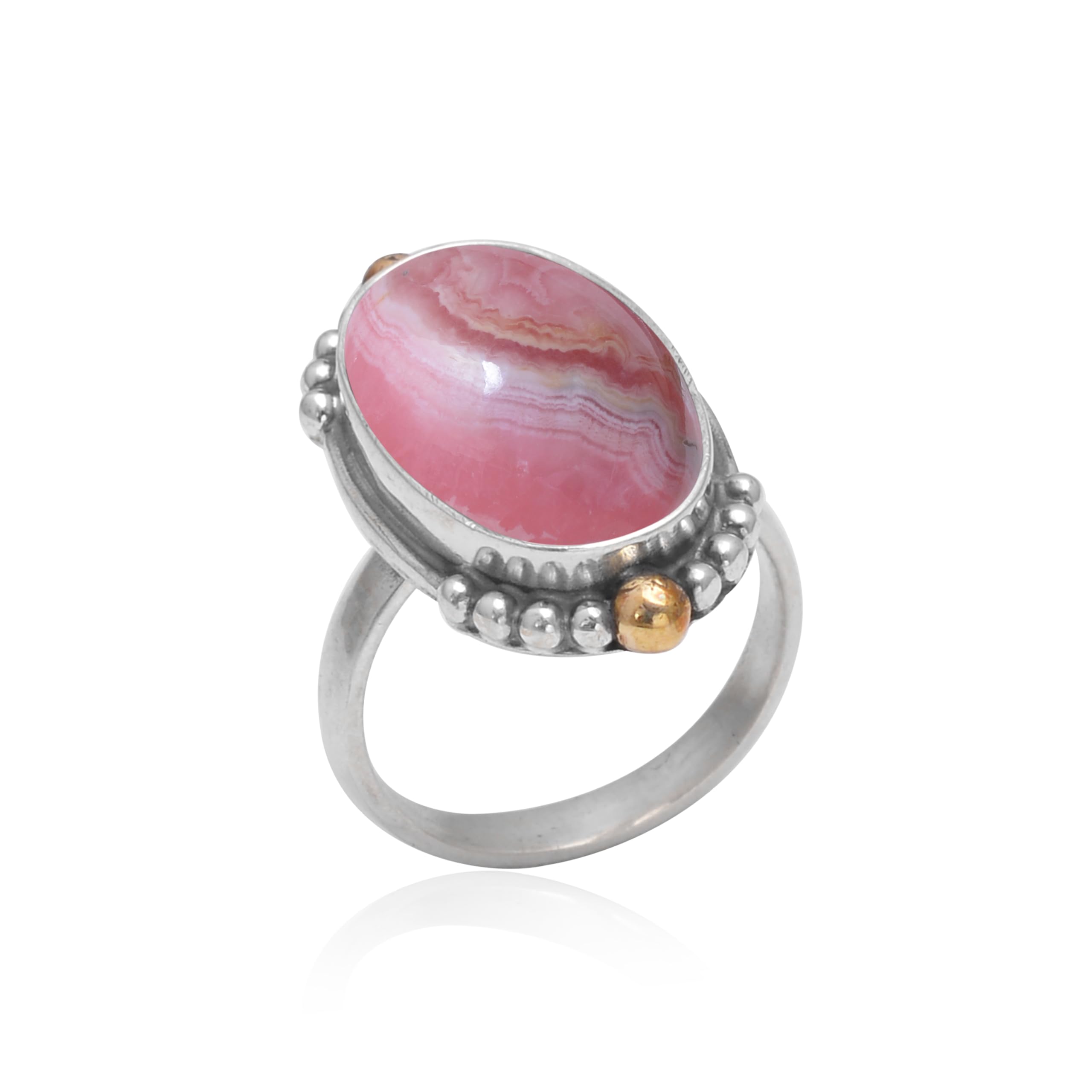 Veracity Jewelry 925 Sterling Silver Rhodochrosite Ring for Women - Handmade Natural Pink Gemstone Bohemian Jewelry - Trendy Unisex Gift for Valentine's Day, Anniversary & Boho Fashion (VSR-590)