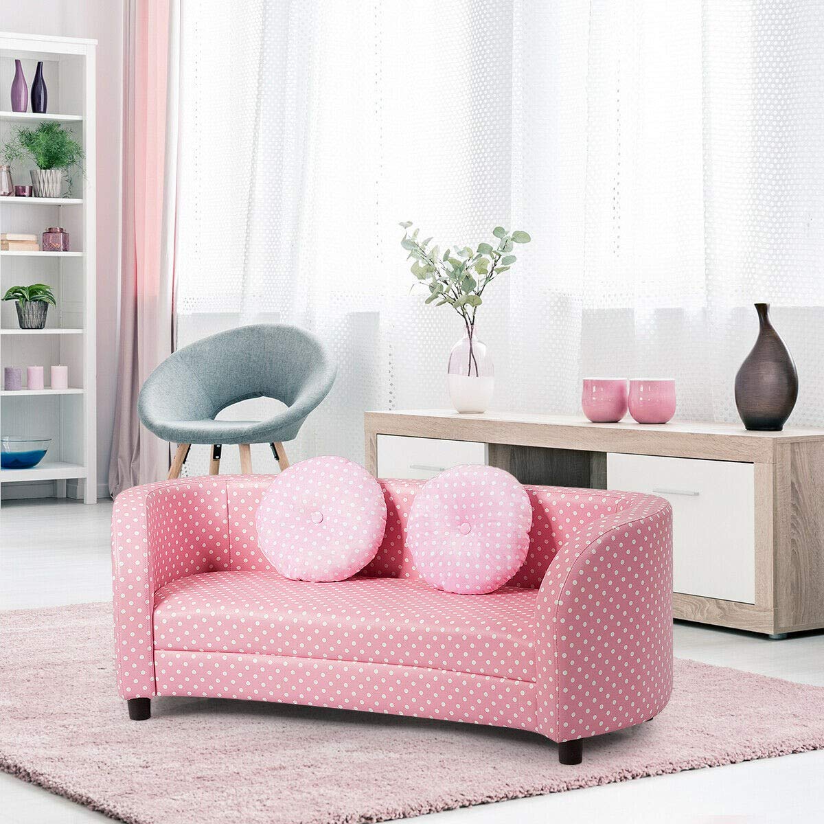 Pink Girls 2-Seat Armrest Sofa Chair with 2 Cloth Pillows - Ergonomic Design for Living Room, Bedroom, Kids Room & Playroom - Spacious & Lightweight for Relaxing, Reading, Playing & Watching TV