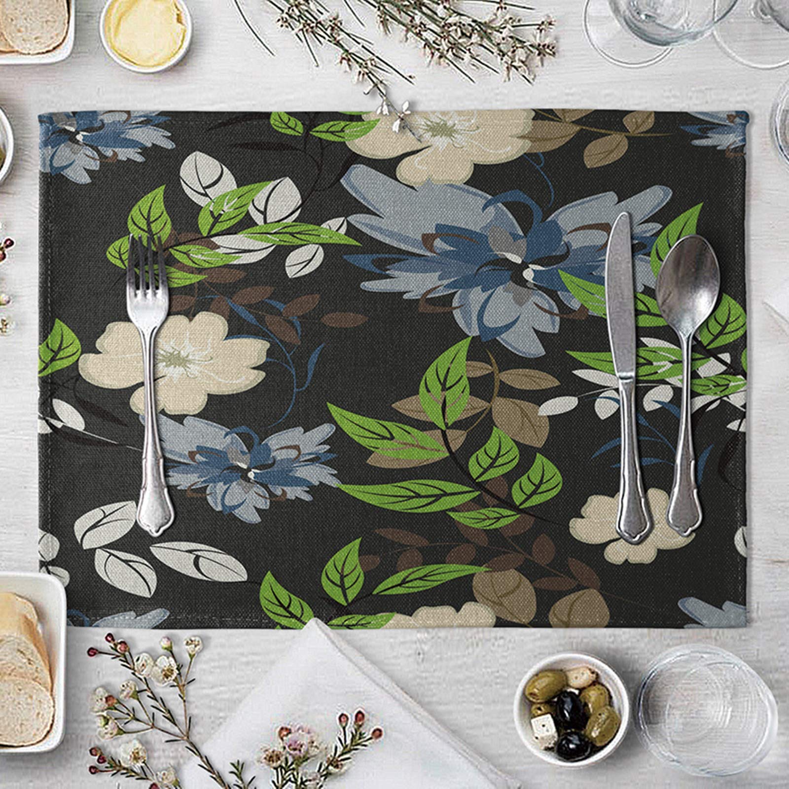 Lieson 16x12 Inch Blue Green Cotton Linen Placemats Set of 4 - Floral Leaves Pattern for Dining Table, Kitchen, and Home Decor | Washable & Durable Table Mats for Everyday Use, Parties, and Special Occasions