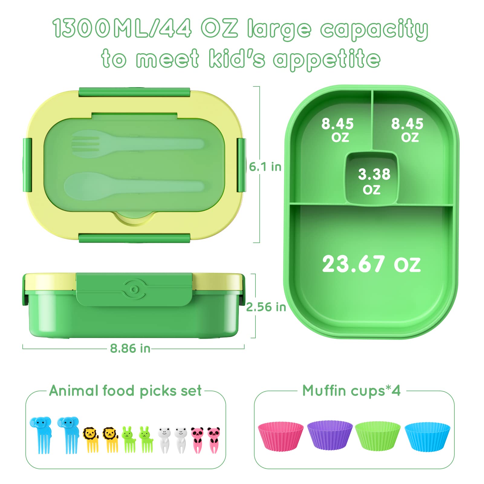 Leakproof 44oz Bento Lunch Box for Kids - 4 Compartment BPA-Free Reusable Food Container with Cutlery - Perfect for School Meals, Snacks, Picnics & Travel (Green)